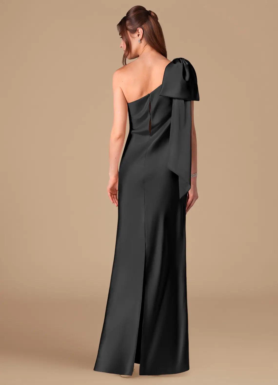 Black One-Shoulder Satin Maxi Dress with Bow Detail Sheath One Shoulder Metallic Satin Dress Bridesmaid Dresses