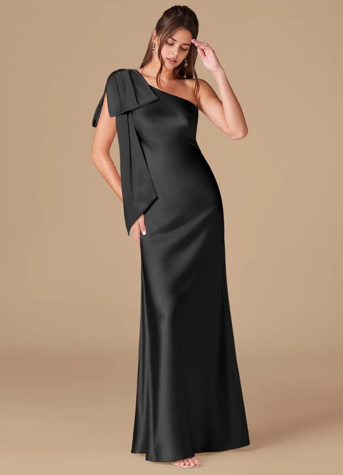 Black One-Shoulder Satin Maxi Dress with Bow Detail Sheath One Shoulder Metallic Satin Dress Bridesmaid Dresses