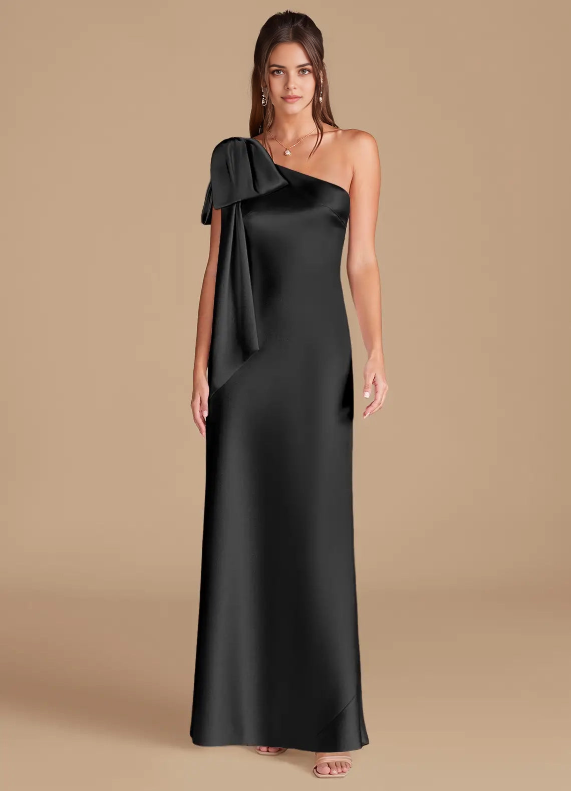 Black One-Shoulder Satin Maxi Dress with Bow Detail Sheath One Shoulder Metallic Satin Dress Bridesmaid Dresses