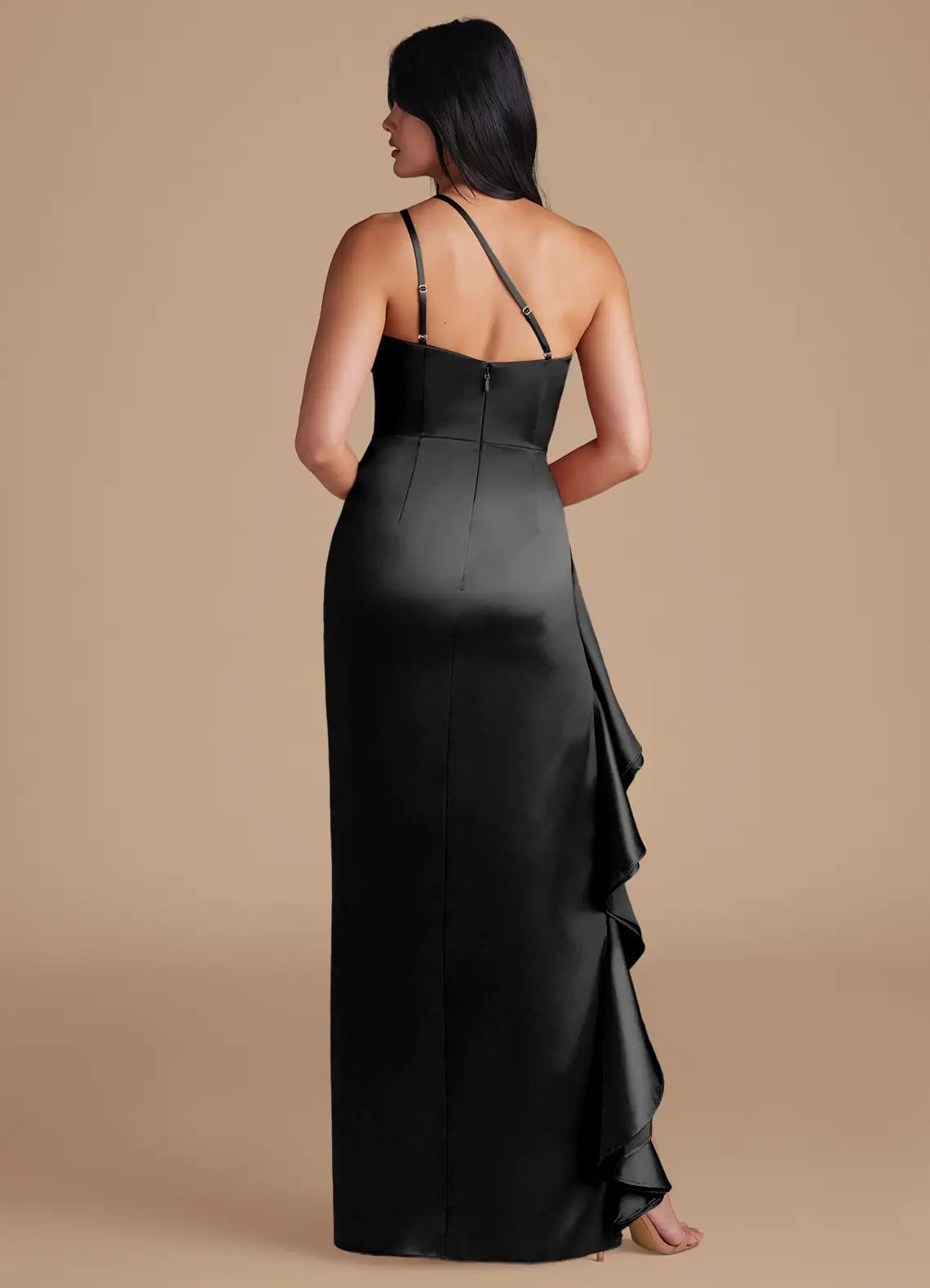 Black One-Shoulder Satin Maxi Dress with Ruffled Side Slit Sheath Metallic Satin Dress Bridesmaid Dresses