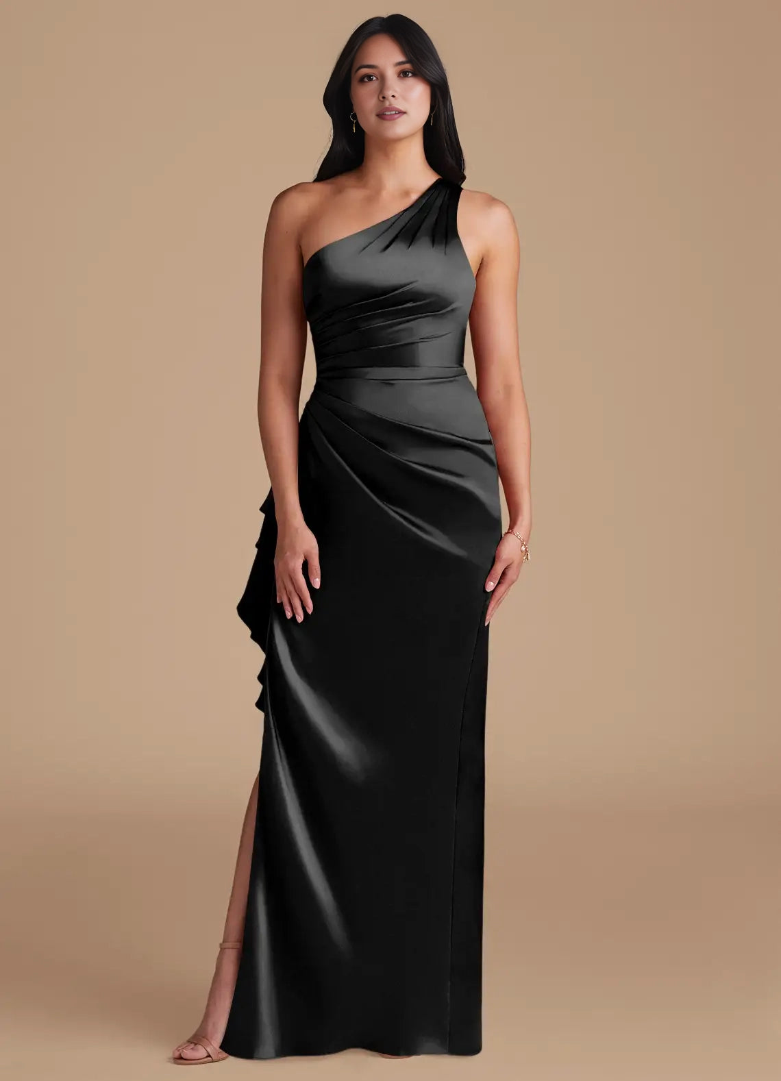 Black One-Shoulder Satin Maxi Dress with Ruffled Side Slit Sheath Metallic Satin Dress Bridesmaid Dresses