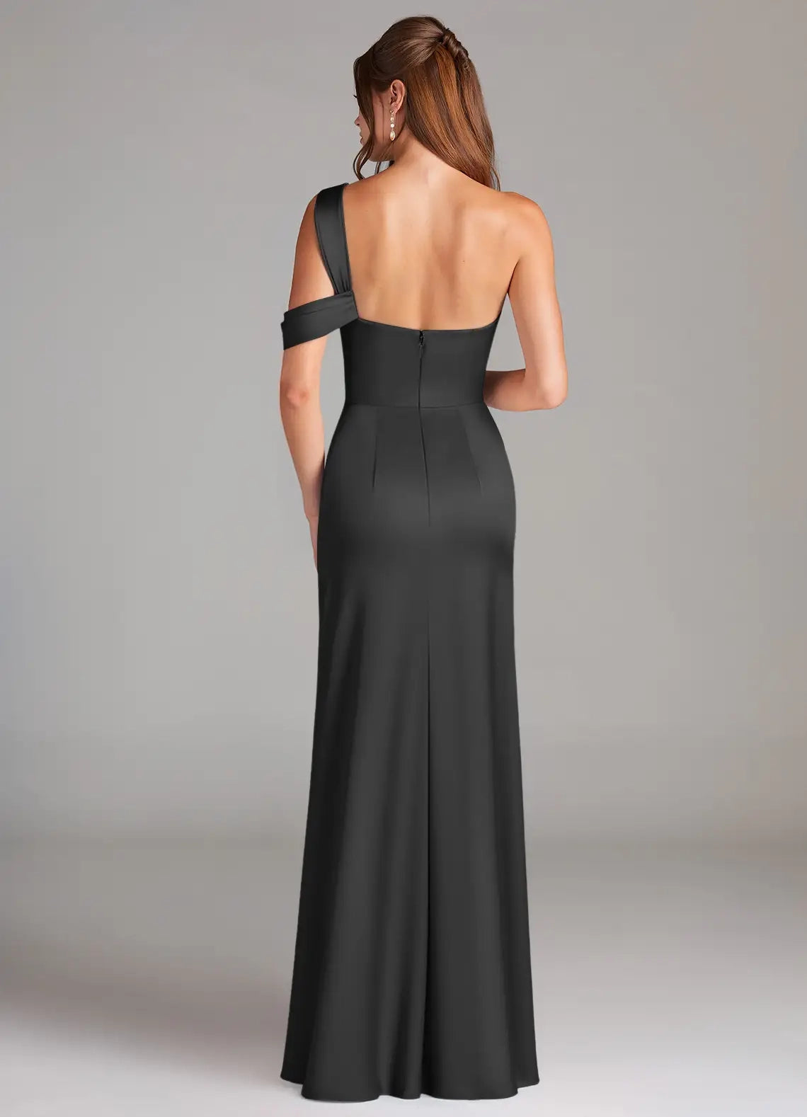 Black One-Shoulder Satin Maxi Dress with Side Slit Black Sheath Off the Shoulder Stretch Satin Dress Bridesmaid Dresses