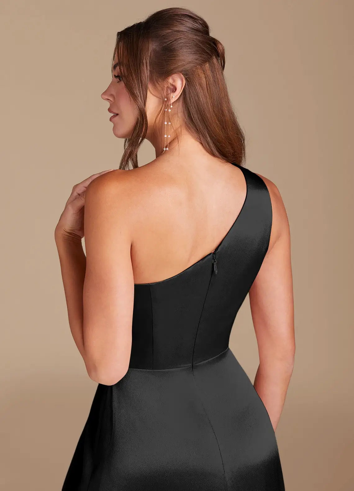 Black One-Shoulder Satin Maxi Dress with Side Slit A-Line One Shoulder Metallic Satin Dress Bridesmaid Dresses