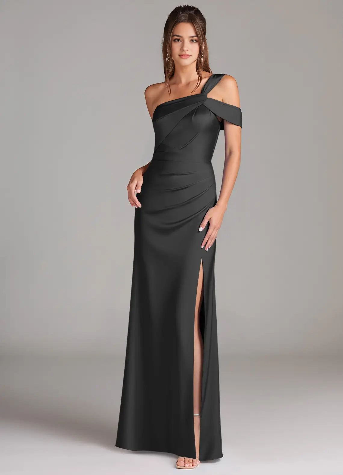 Black One-Shoulder Satin Maxi Dress with Side Slit Black Sheath Off the Shoulder Stretch Satin Dress Bridesmaid Dresses