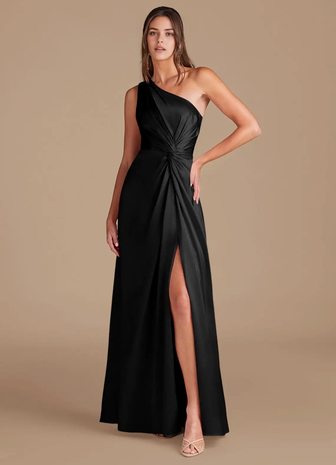 Black One-Shoulder Satin Maxi Dress with Side Slit A-Line One Shoulder Metallic Satin Dress Bridesmaid Dresses