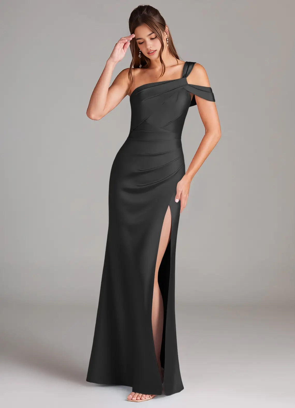 Black One-Shoulder Satin Maxi Dress with Side Slit Black Sheath Off the Shoulder Stretch Satin Dress Bridesmaid Dresses