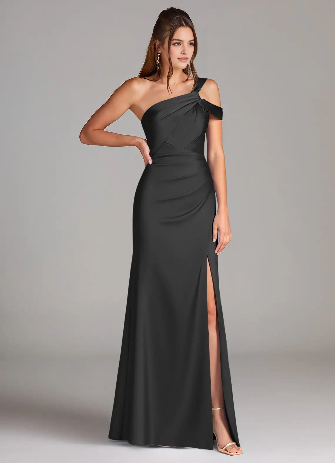 Black One-Shoulder Satin Maxi Dress with Side Slit Black Sheath Off the Shoulder Stretch Satin Dress Bridesmaid Dresses