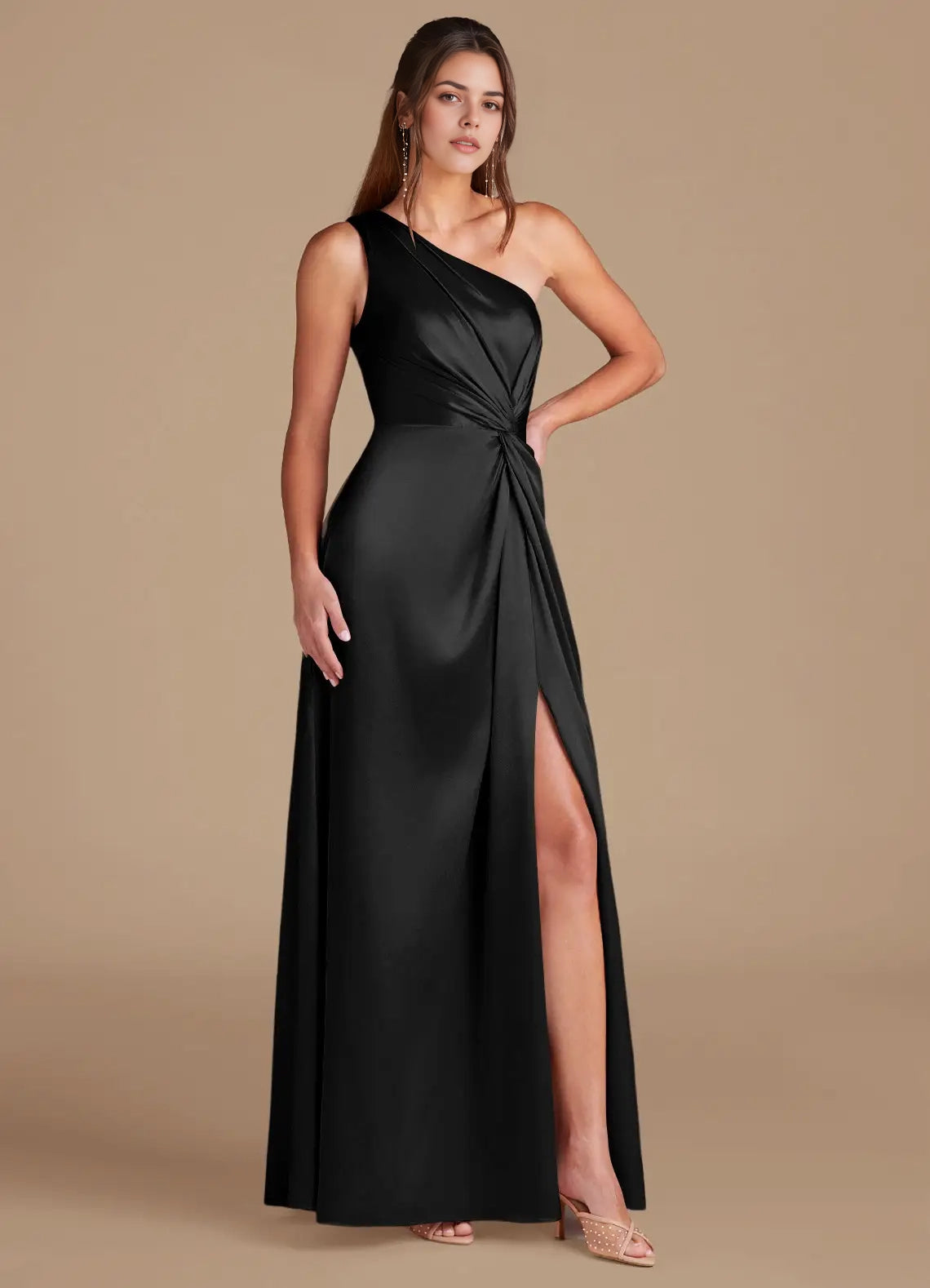 Black One-Shoulder Satin Maxi Dress with Side Slit A-Line One Shoulder Metallic Satin Dress Bridesmaid Dresses