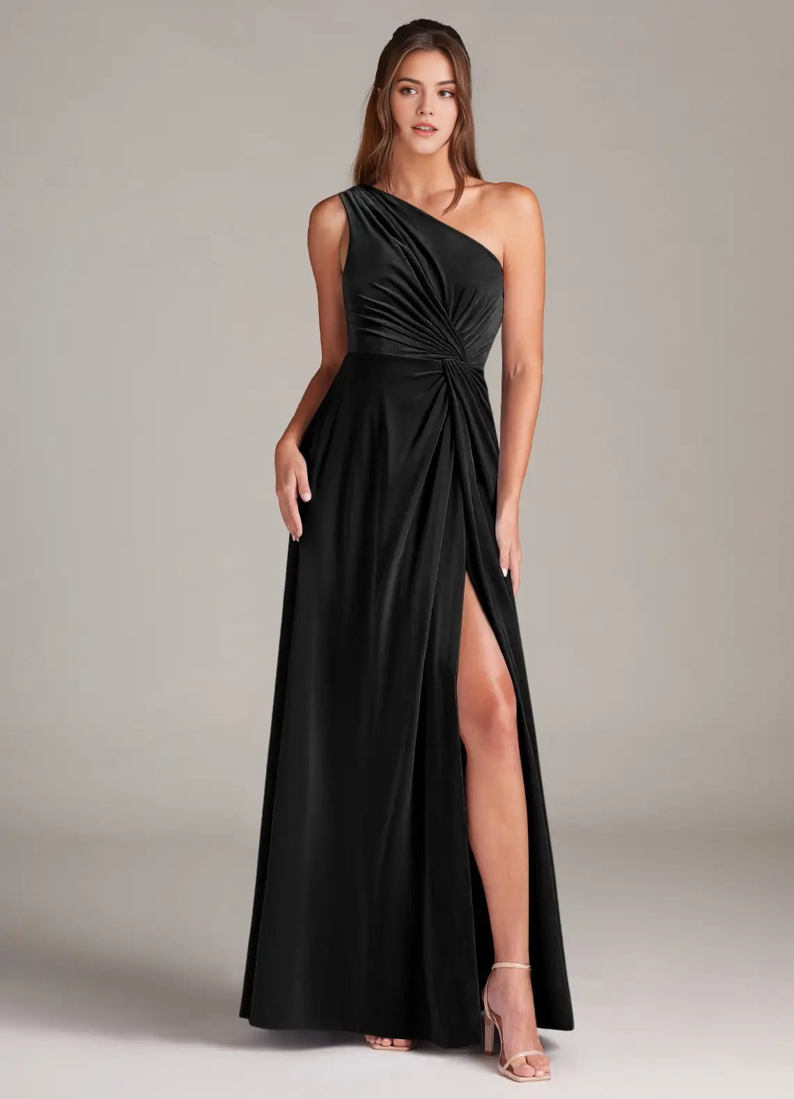Black One-Shoulder Velvet Maxi Dress with Side Slit A-Line One Shoulder Velvet Dress Bridesmaid Dresses