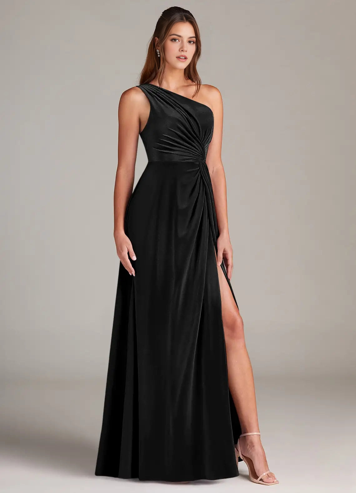 Black One-Shoulder Velvet Maxi Dress with Side Slit A-Line One Shoulder Velvet Dress Bridesmaid Dresses
