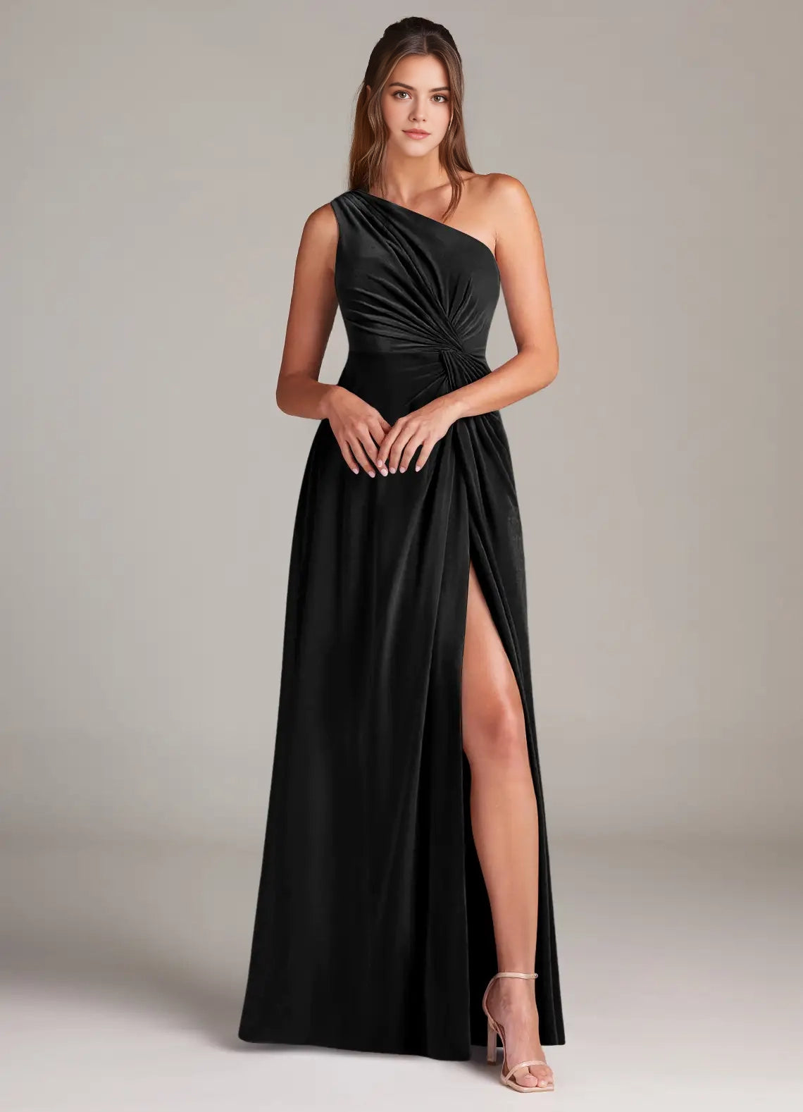 Black One-Shoulder Velvet Maxi Dress with Side Slit A-Line One Shoulder Velvet Dress Bridesmaid Dresses