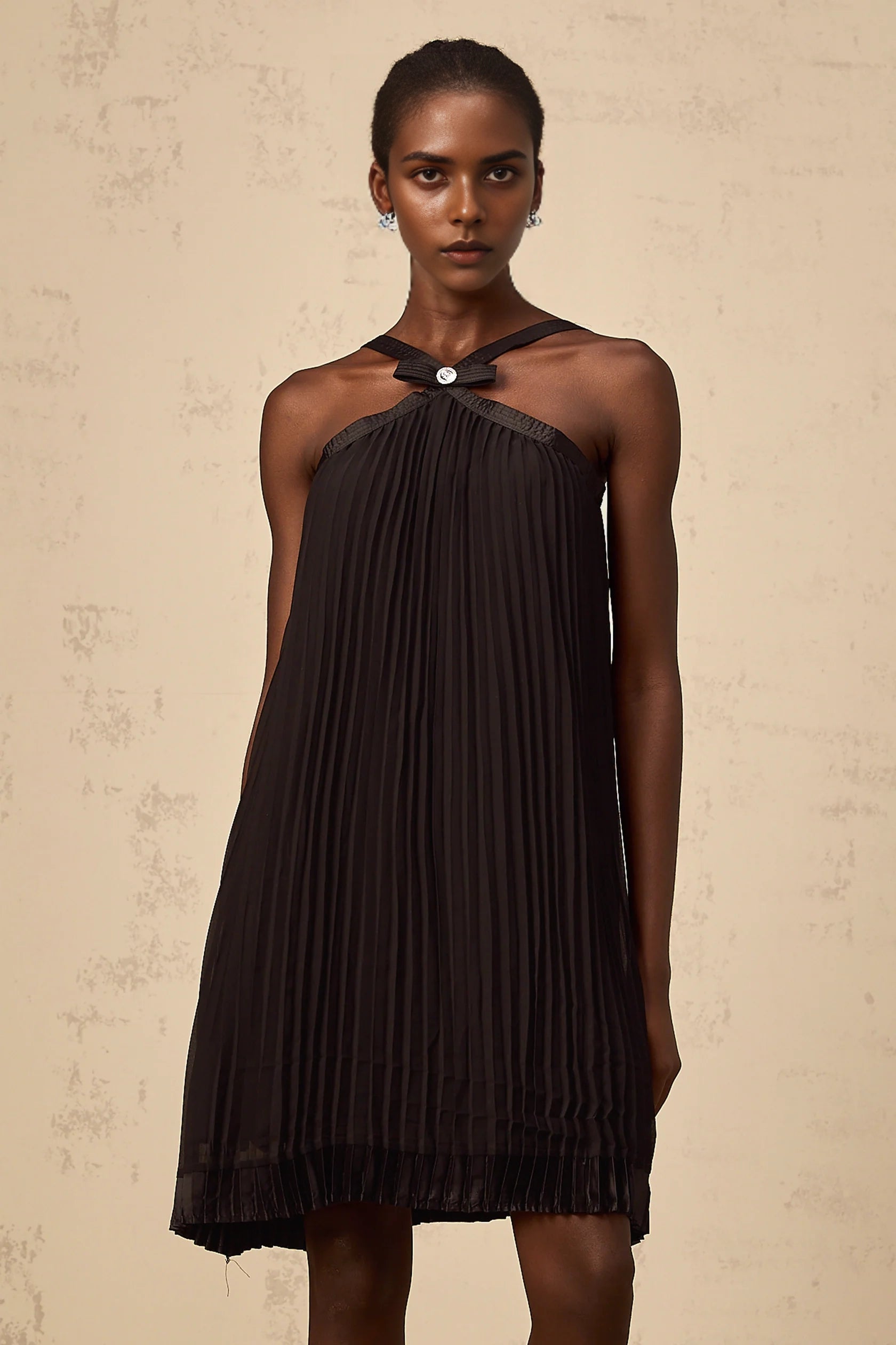Black Pleated Halter Neck Mini Dress with Bow Detail Zelda black bowknot pleated mini dress Evening Dress