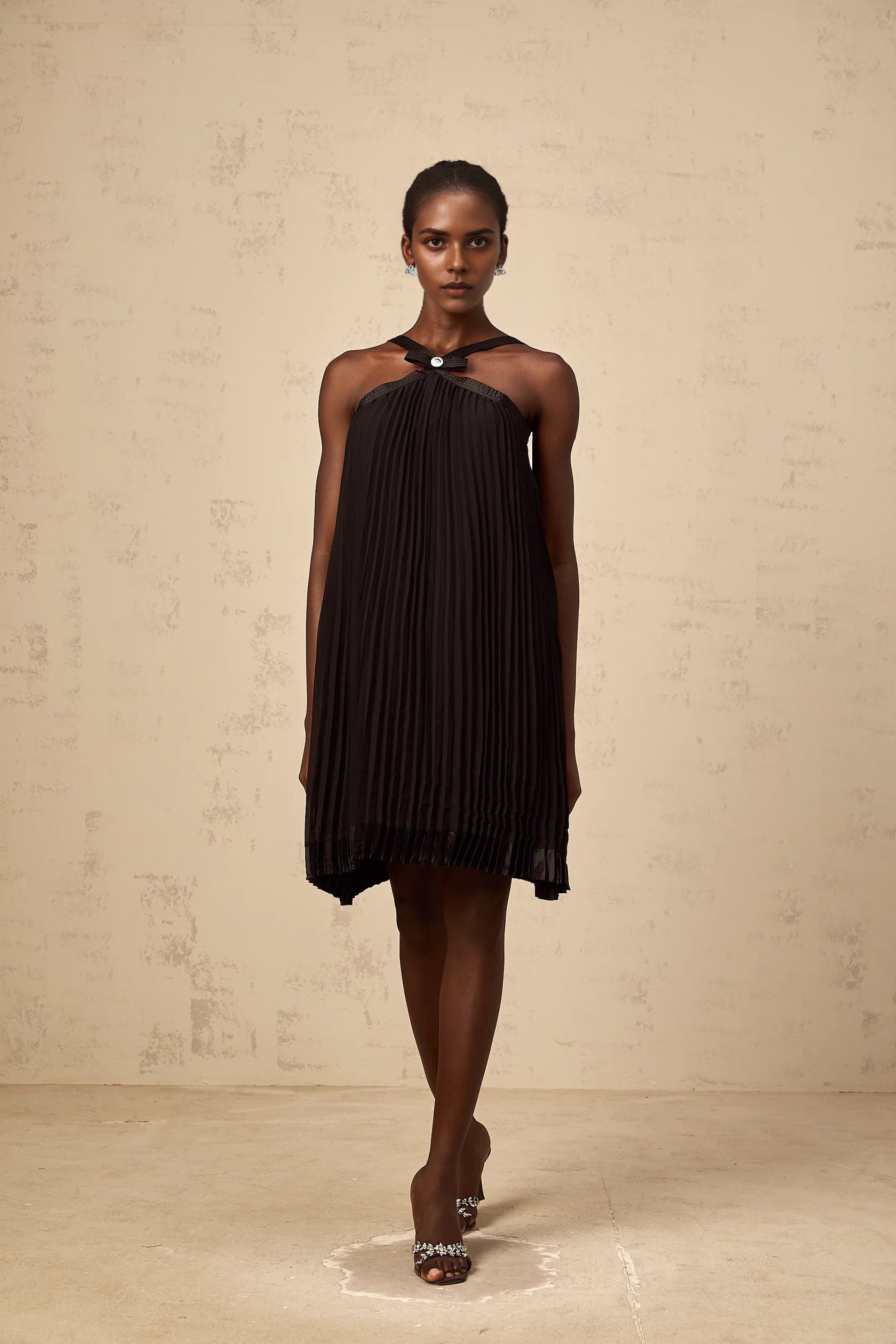 Black Pleated Halter Neck Mini Dress with Bow Detail Zelda black bowknot pleated mini dress Evening Dress