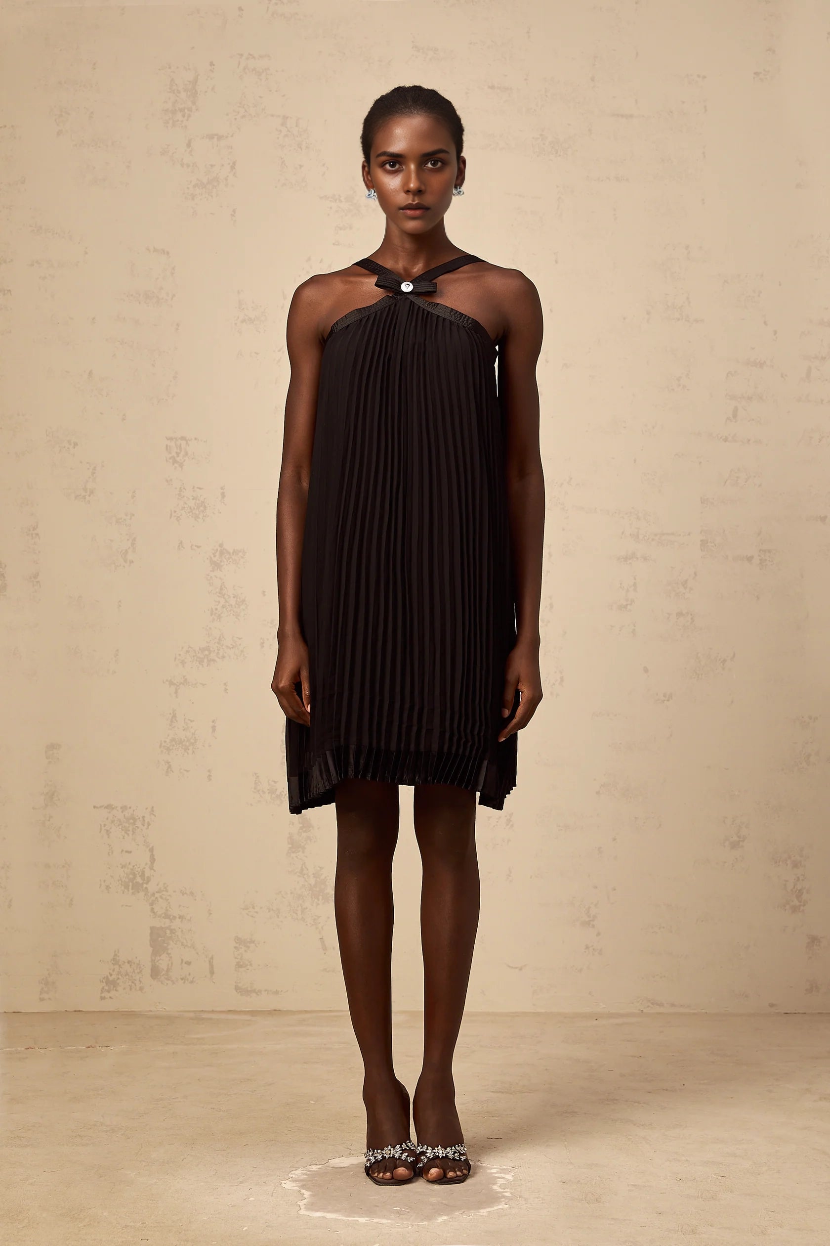 Black Pleated Halter Neck Mini Dress with Bow Detail Zelda black bowknot pleated mini dress Evening Dress