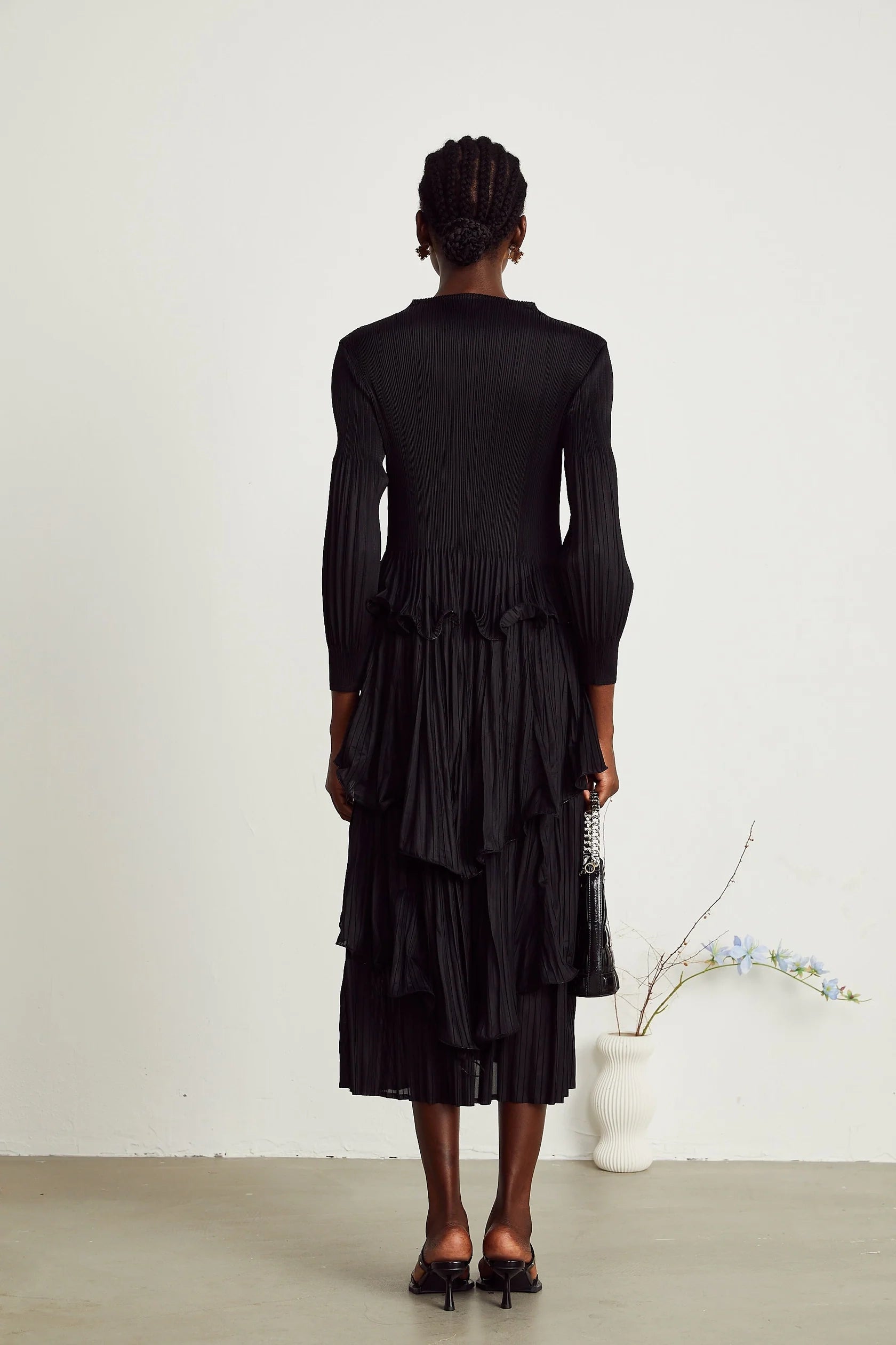 Black Pleated Tiered Midi Dress black tiered pleated midi dress Evening Dress