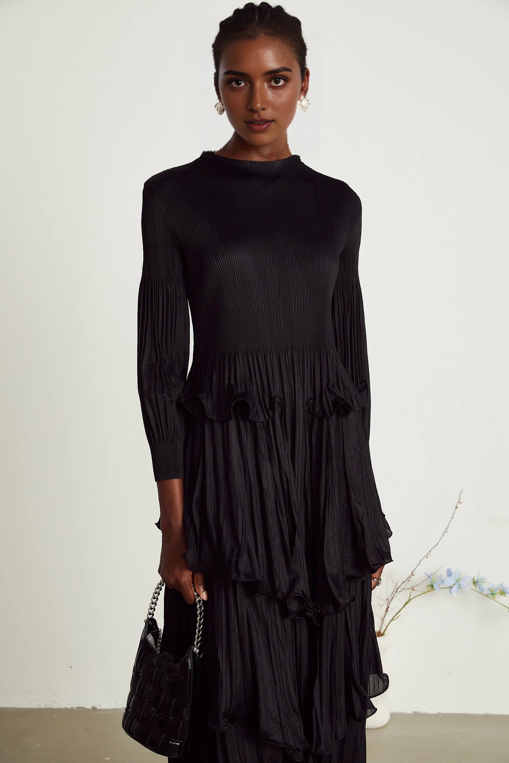 Black Pleated Tiered Midi Dress black tiered pleated midi dress Evening Dress