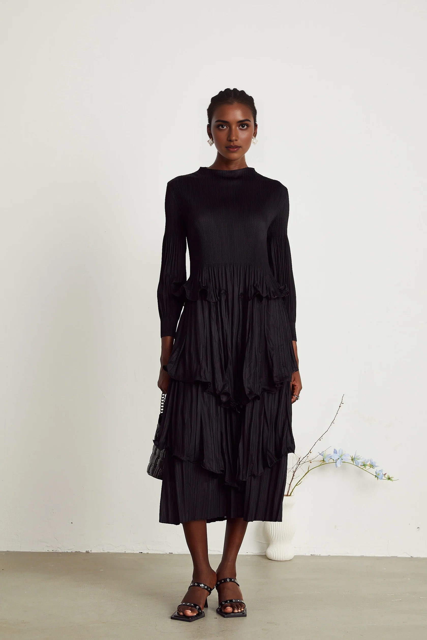 Black Pleated Tiered Midi Dress black tiered pleated midi dress Evening Dress