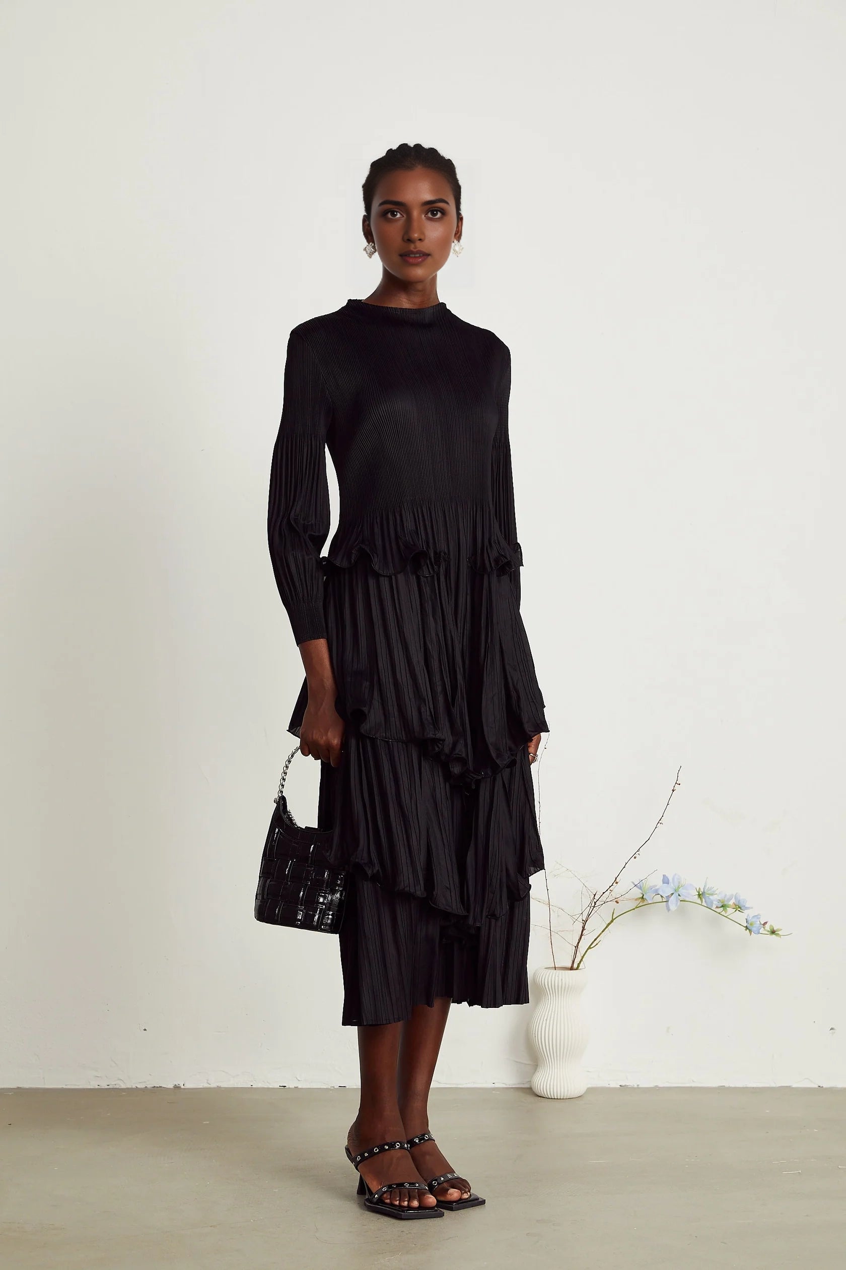 Black Pleated Tiered Midi Dress black tiered pleated midi dress Evening Dress