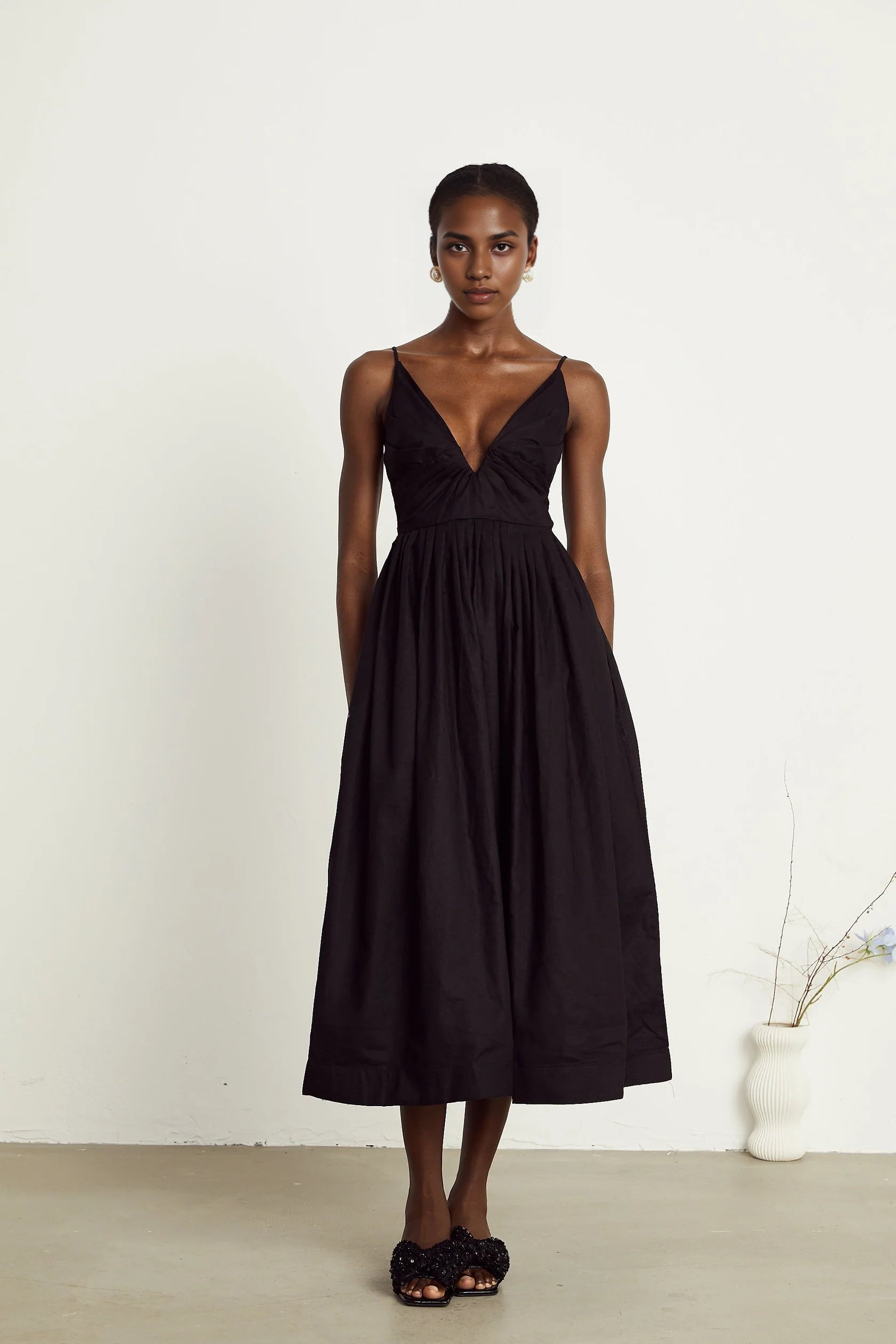 Black Plunge Neck Spaghetti Strap Midi Dress black smocking pleated midi dress Evening Dress