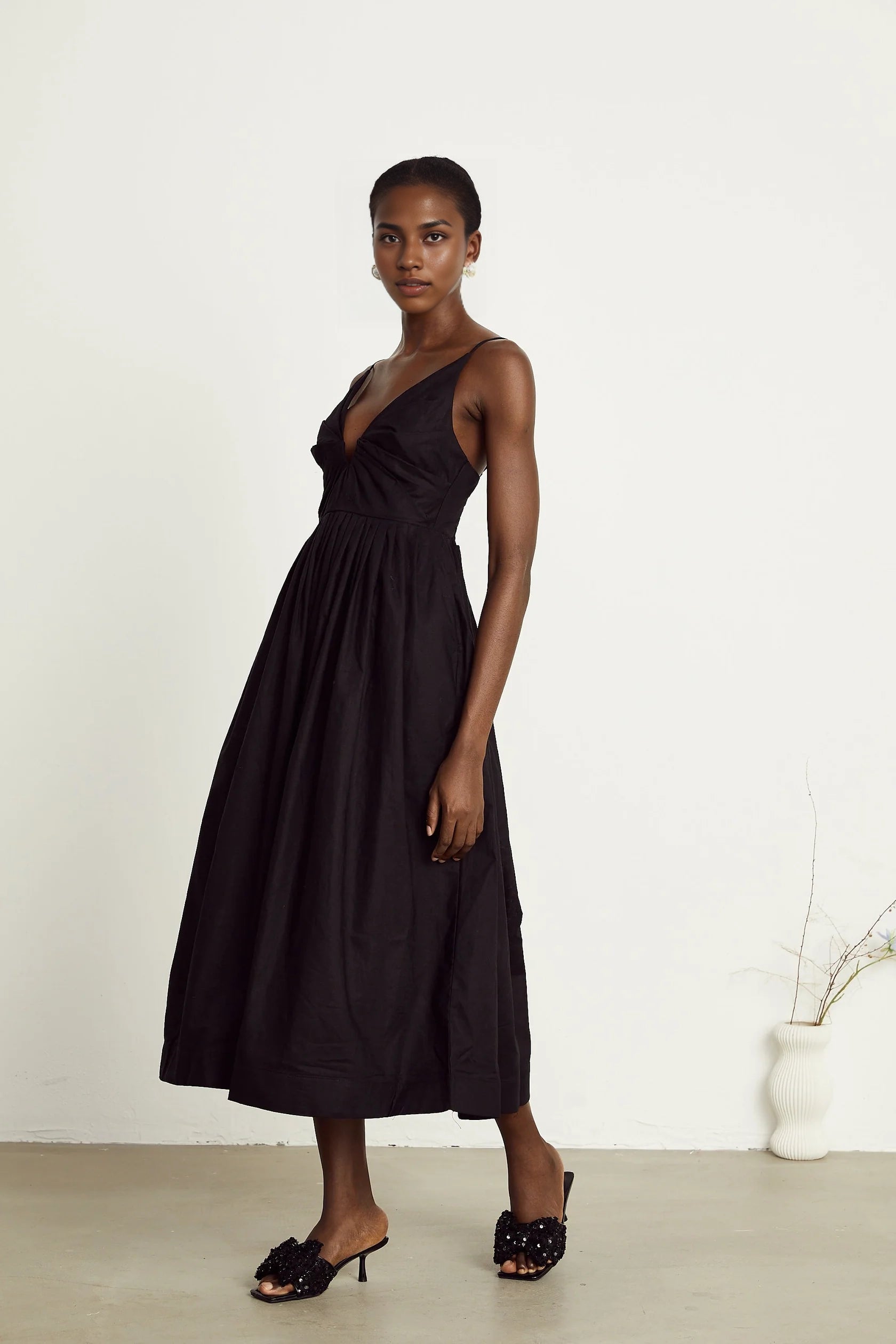 Black Plunge Neck Spaghetti Strap Midi Dress black smocking pleated midi dress Evening Dress