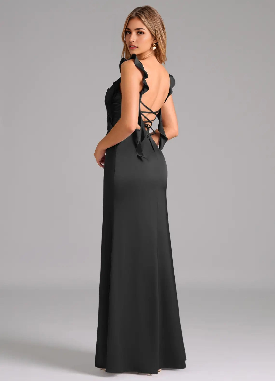 Black Ruffled Strap Maxi Dress with Side Slit and Lace-Up Back  Bridesmaid Dresses