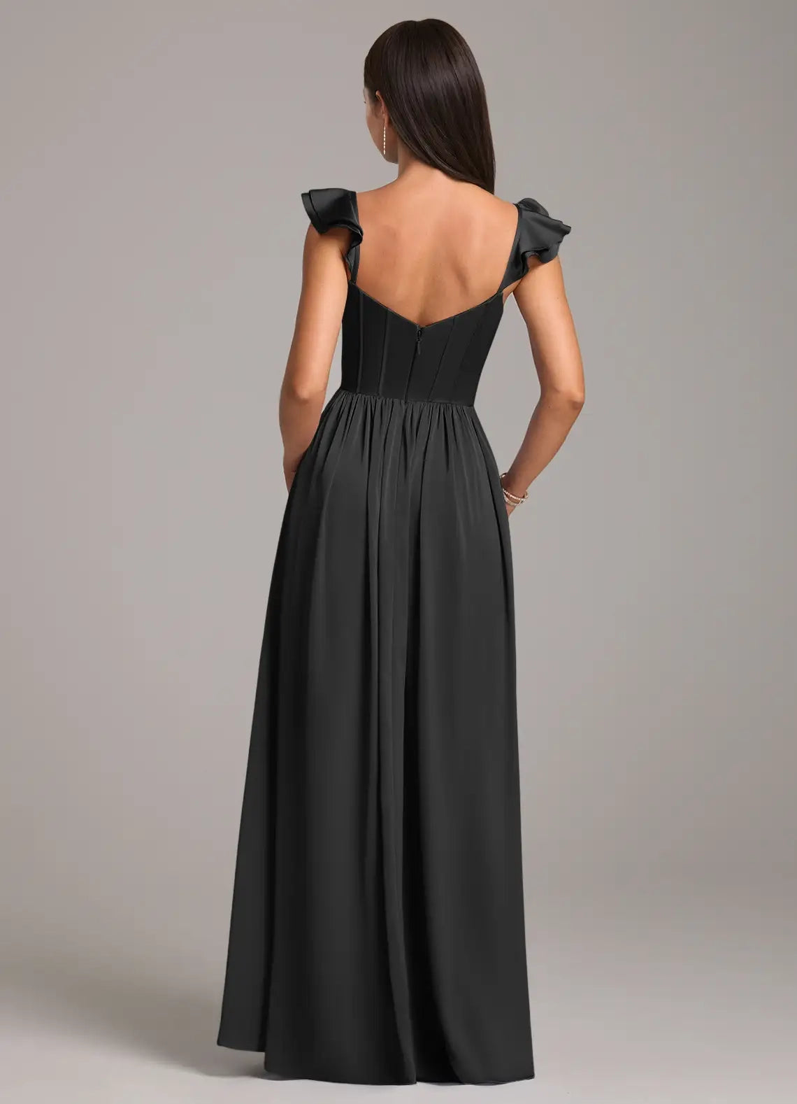 Black Ruffled Strap Sweetheart Neck Evening Gown with Side Slit A-Line Ruched Stretch Satin Dress Bridesmaid Dresses