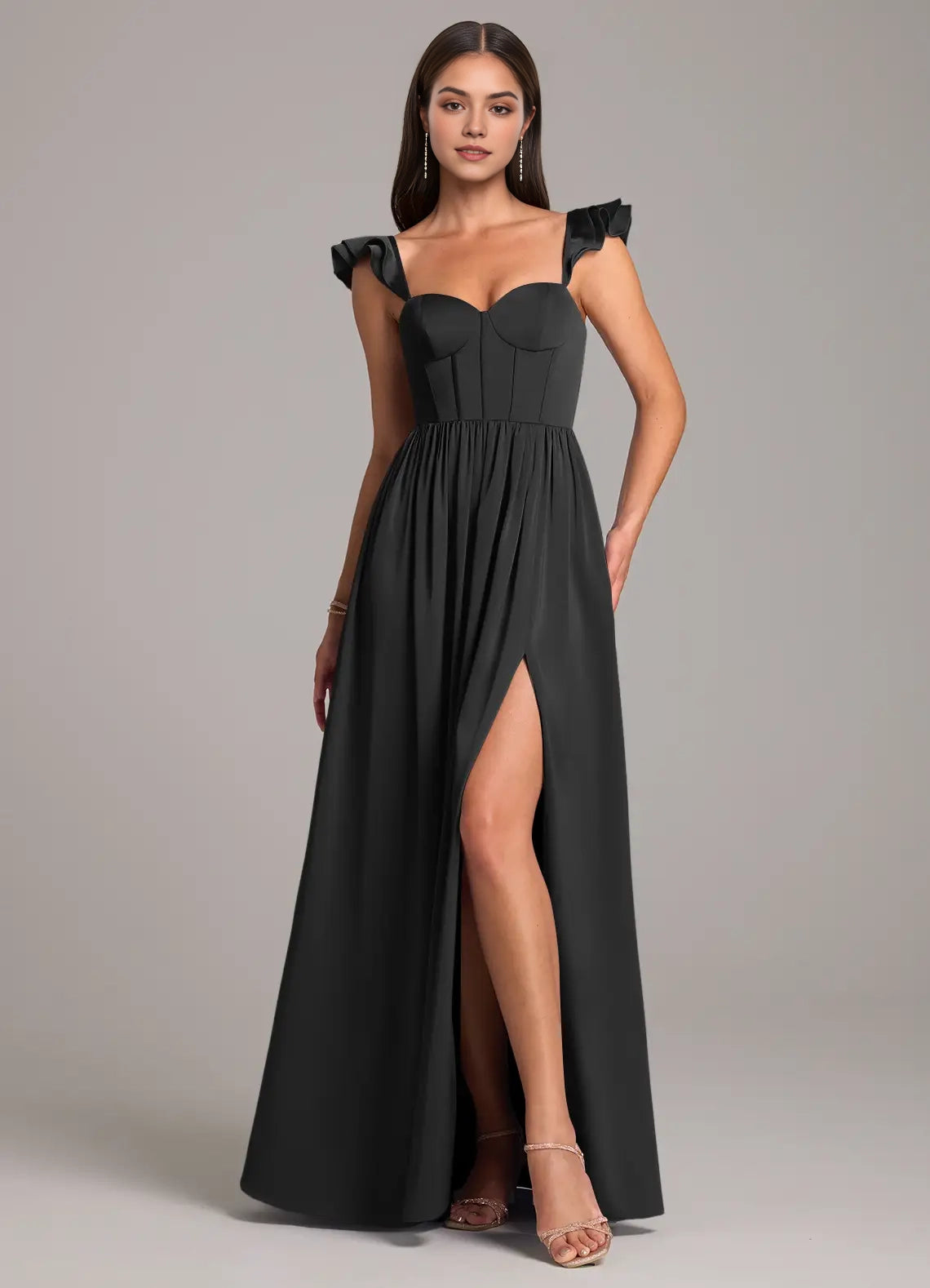 Black Ruffled Strap Sweetheart Neck Evening Gown with Side Slit A-Line Ruched Stretch Satin Dress Bridesmaid Dresses