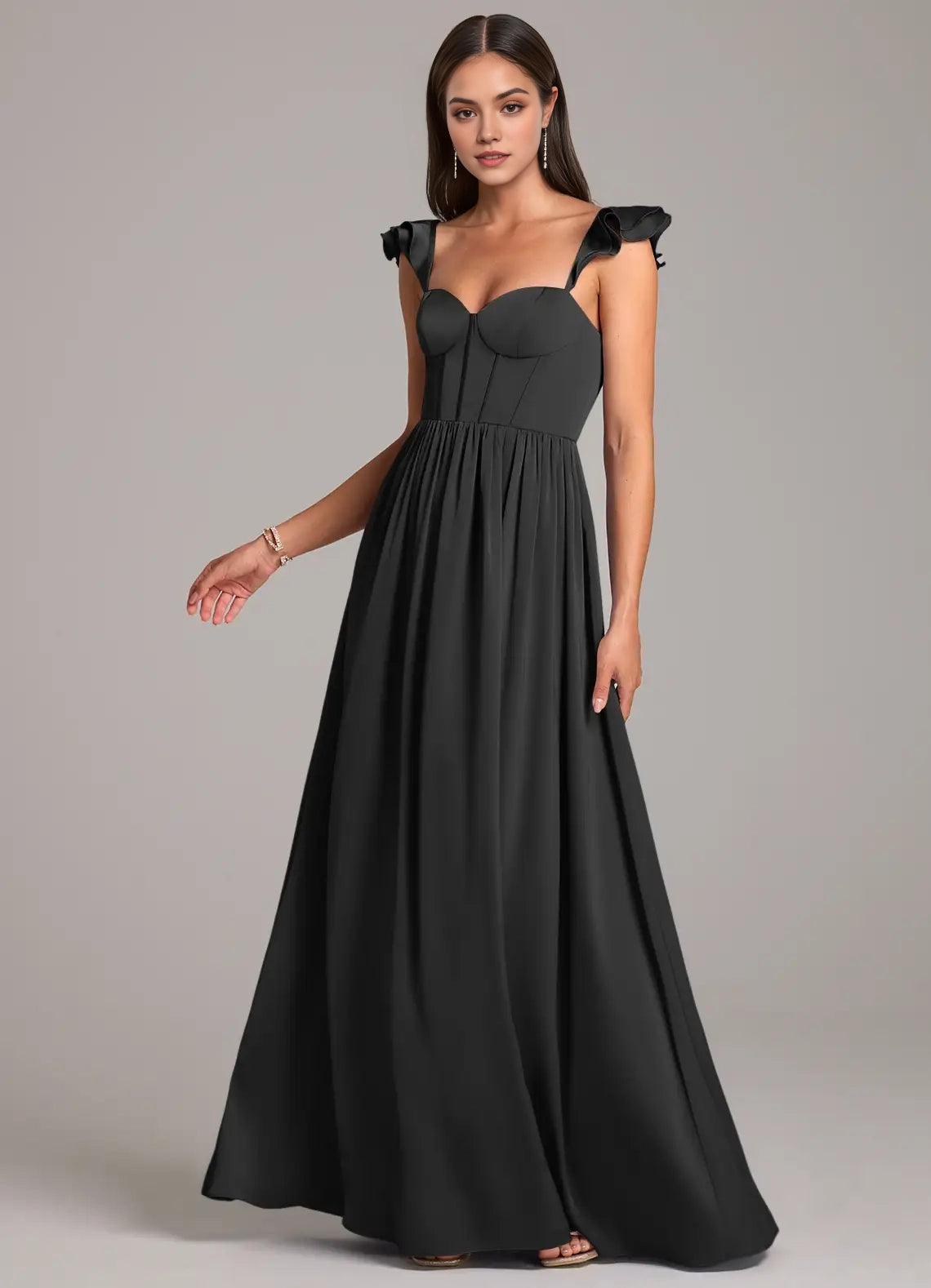 Black Ruffled Strap Sweetheart Neck Evening Gown with Side Slit A-Line Ruched Stretch Satin Dress Bridesmaid Dresses