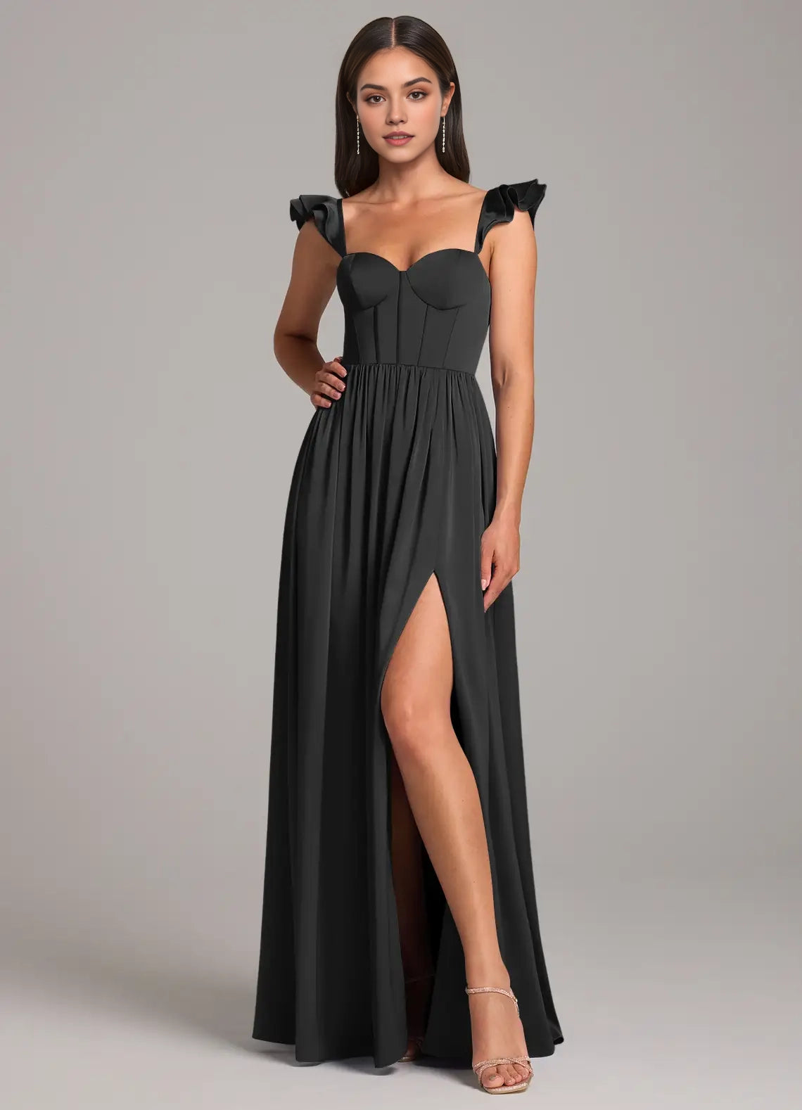 Black Ruffled Strap Sweetheart Neck Evening Gown with Side Slit A-Line Ruched Stretch Satin Dress Bridesmaid Dresses