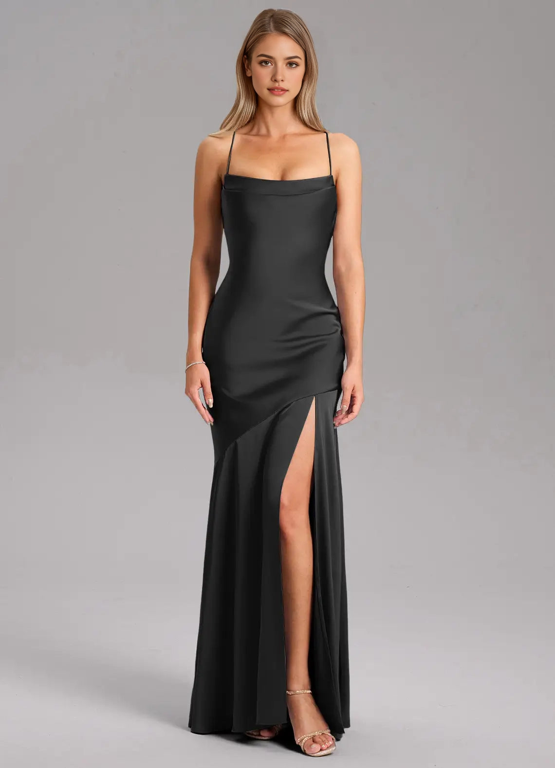 Black Satin Cowl Neck Maxi Dress with Crisscross Back and Side Slit Sheath Side Slit Stretch Satin Dress Bridesmaid Dresses
