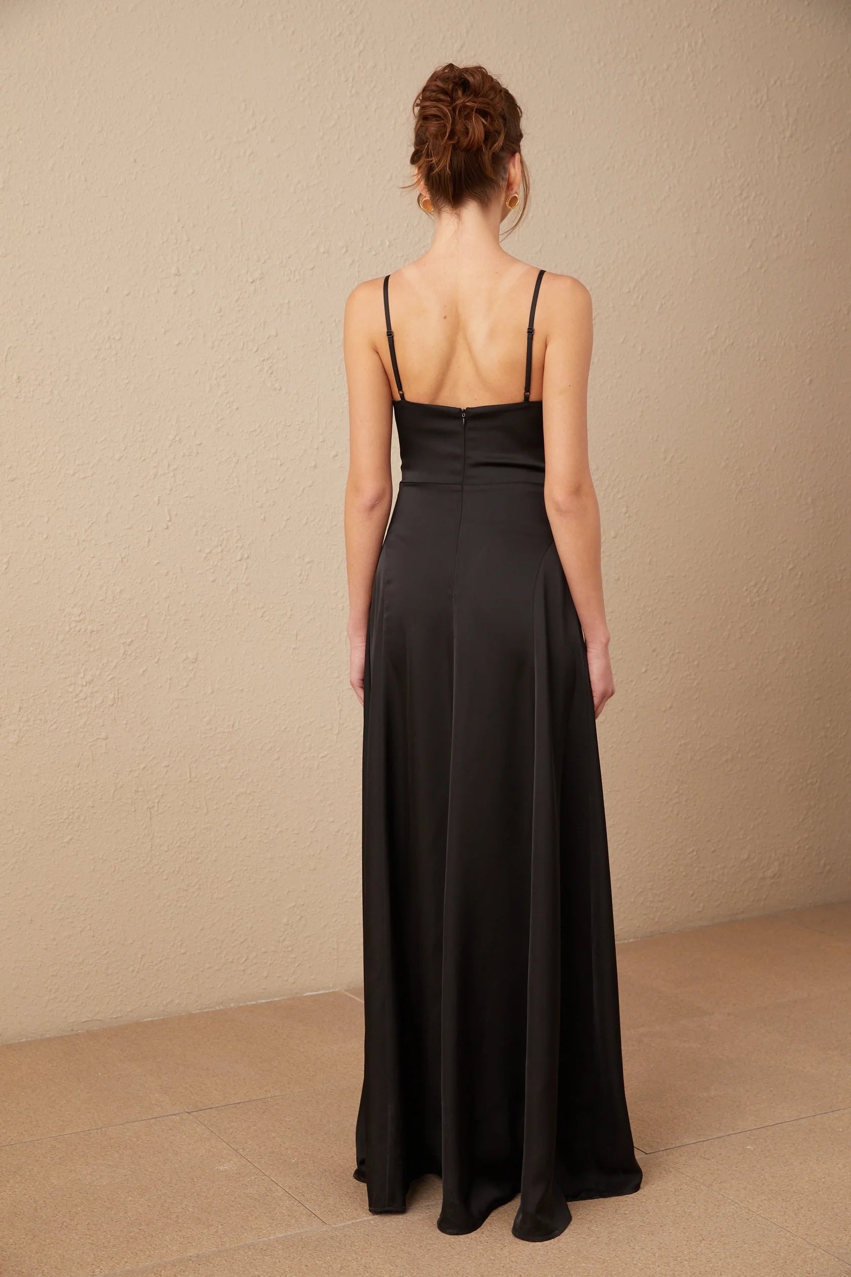Black Satin Deep V - Neck Maxi Dress with Side Slit black satin V-neck front-slit maxi dress Evening Dress