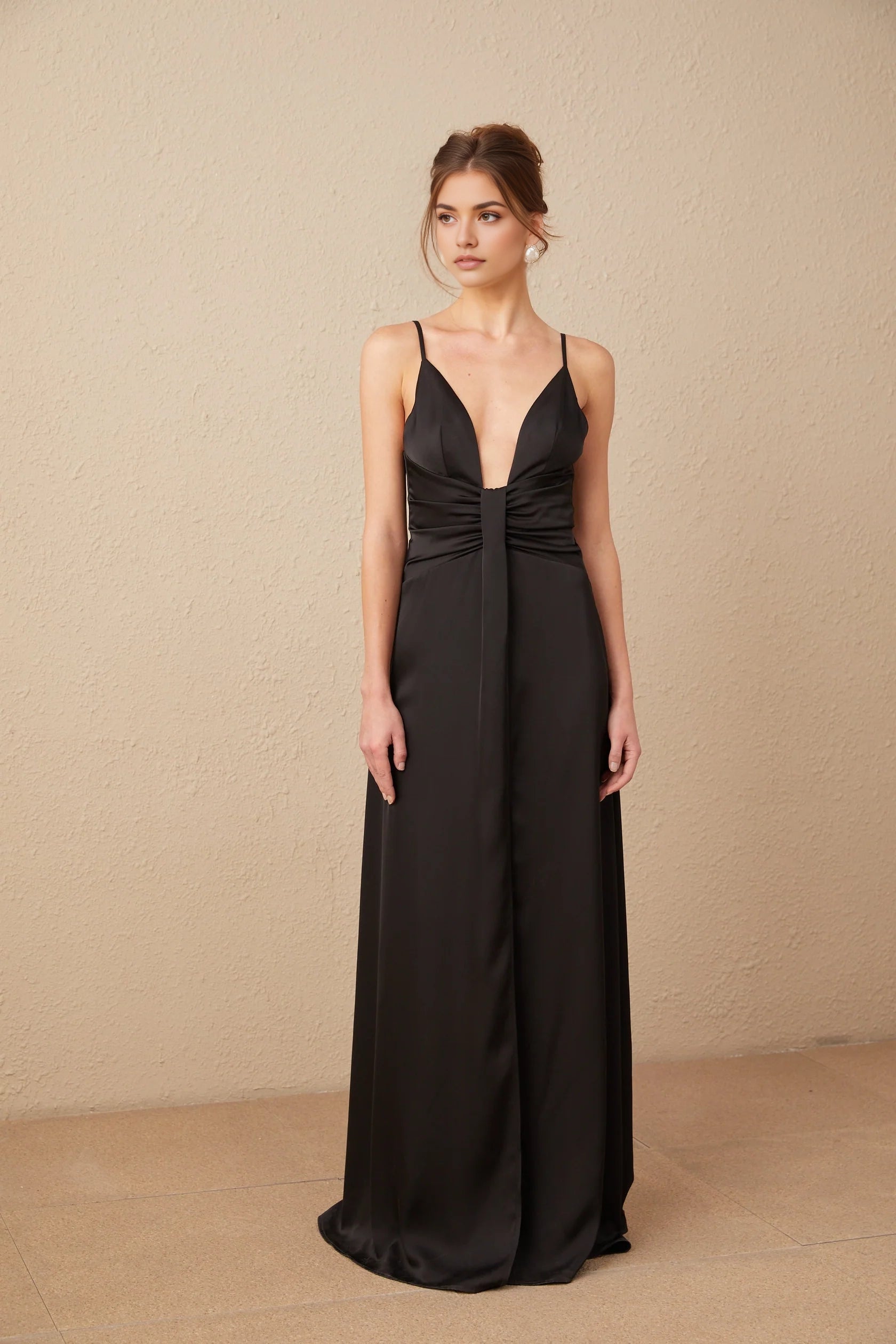 Black Satin Deep V - Neck Maxi Dress with Side Slit black satin V-neck front-slit maxi dress Evening Dress