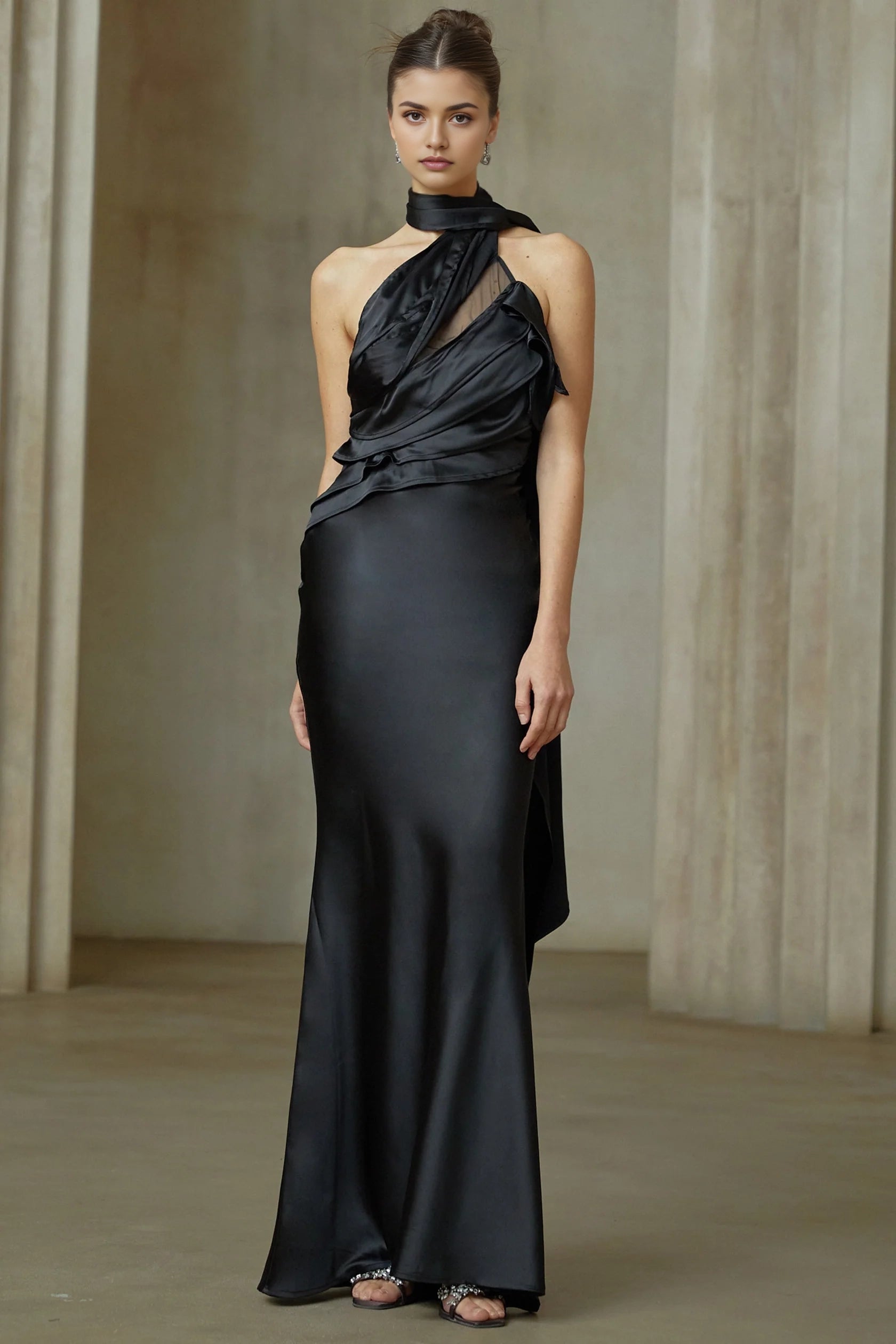 Black Satin Halter Maxi Dress with Open Back Maureen black ribbon-design satin maxi dress Evening Dress
