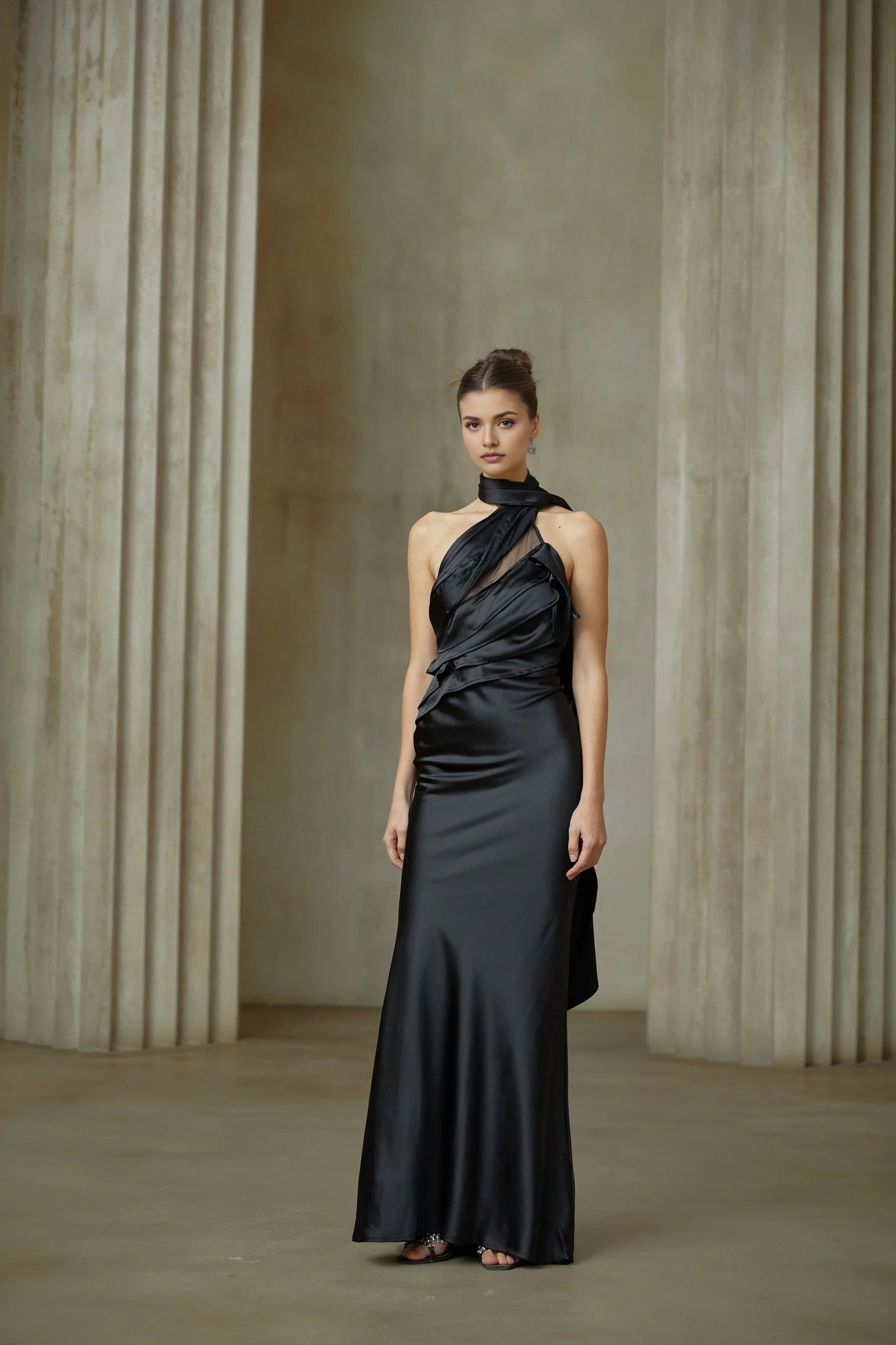 Black Satin Halter Maxi Dress with Open Back Maureen black ribbon-design satin maxi dress Evening Dress
