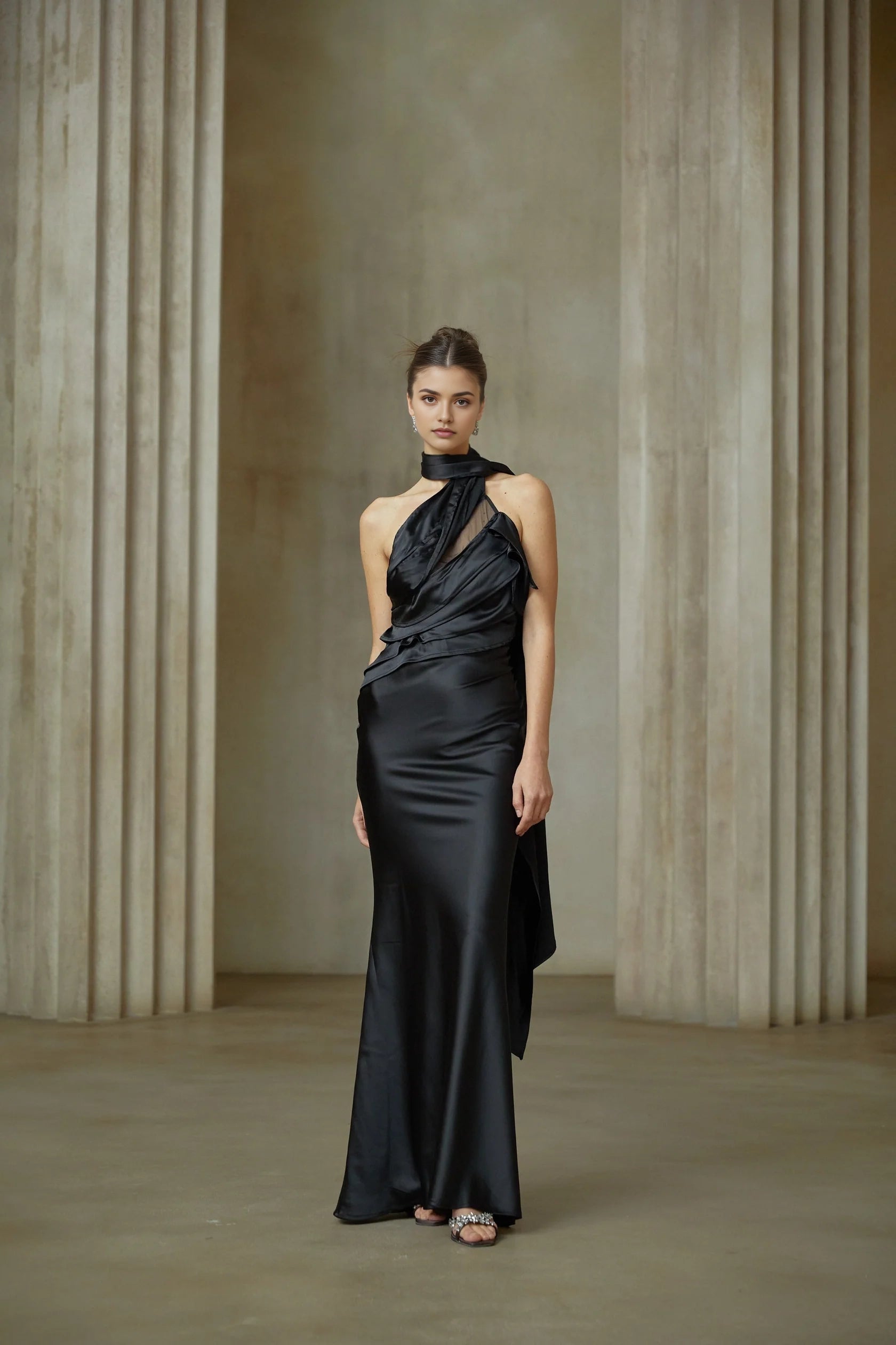 Black Satin Halter Maxi Dress with Open Back Maureen black ribbon-design satin maxi dress Evening Dress