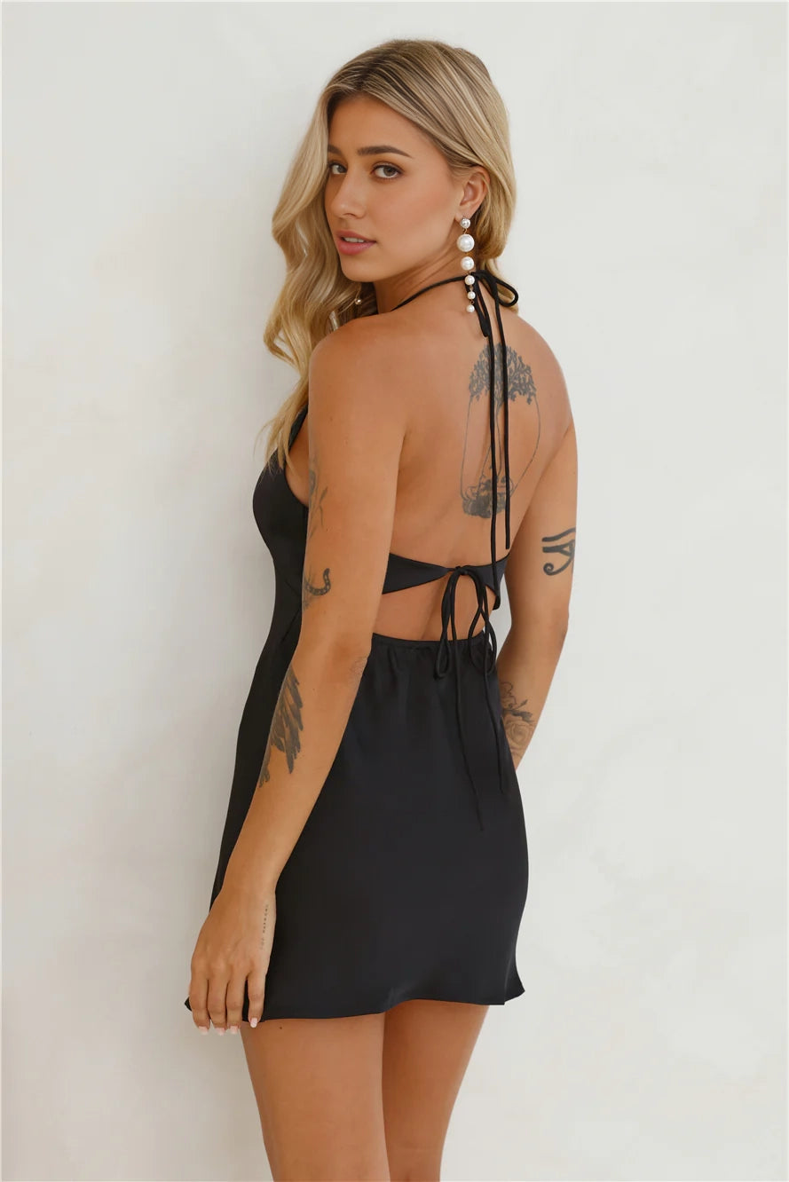 Black Satin Halter Mini Dress with Open Back Satin Neck Hanging Mini Dress Short Prom Dress