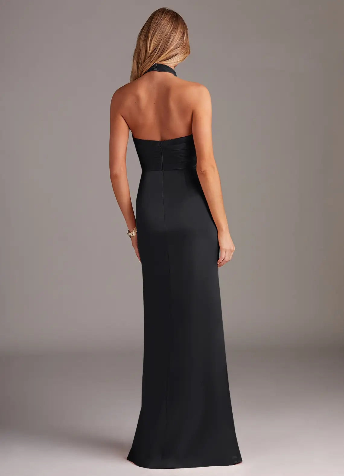 Black Satin Halter Neck Maxi Dress with Side Slit and Open Back Black Sheath Pleated Stretch Satin Dress Bridesmaid Dresses