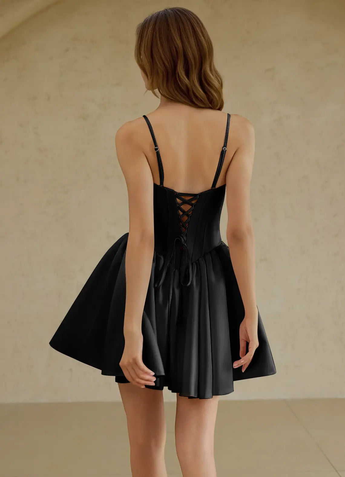 Black Satin Mini Dress with Crystal Detail and Criss - Cross Back Glorisse Black Mini Dress Homecoming Dresses