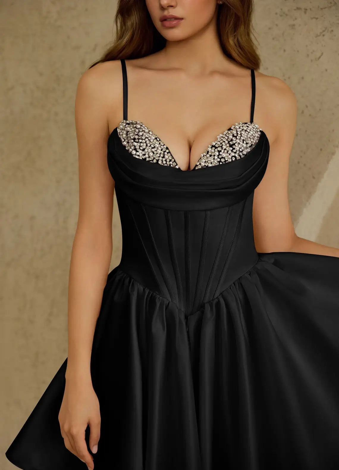 Black Satin Mini Dress with Crystal Detail and Criss - Cross Back Glorisse Black Mini Dress Homecoming Dresses
