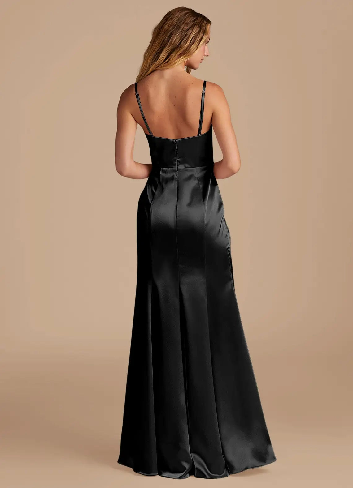 Black Satin Spaghetti Strap Maxi Dress with Side Slit and Draped Detail Black Mermaid Pleated Metallic Satin Dress Bridesmaid Dresses