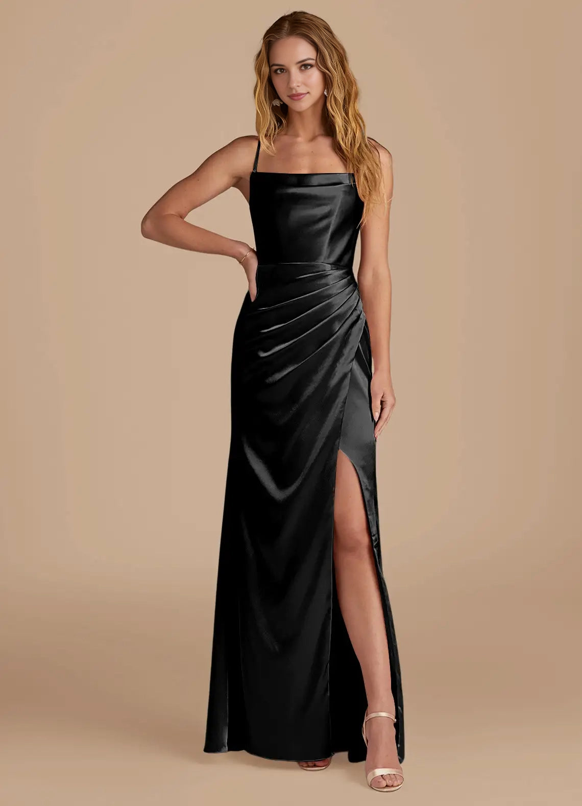Black Satin Spaghetti Strap Maxi Dress with Side Slit and Draped Detail Black Mermaid Pleated Metallic Satin Dress Bridesmaid Dresses