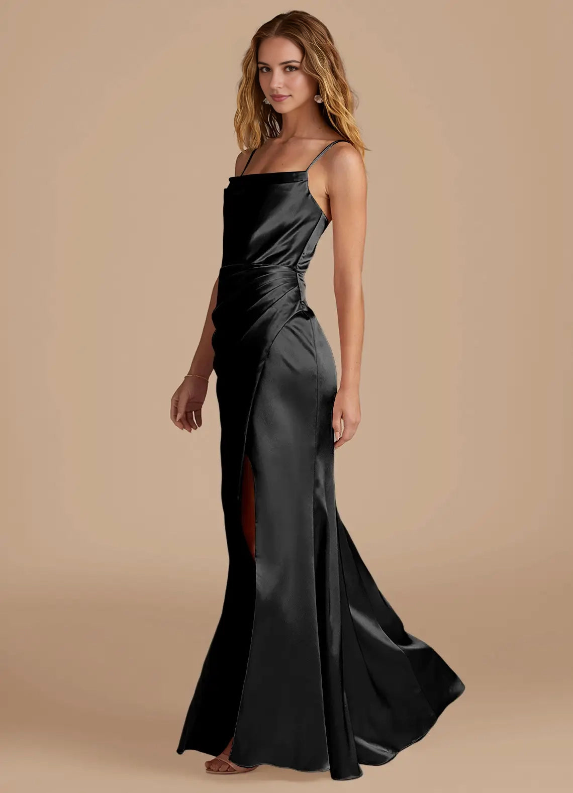 Black Satin Spaghetti Strap Maxi Dress with Side Slit and Draped Detail Black Mermaid Pleated Metallic Satin Dress Bridesmaid Dresses