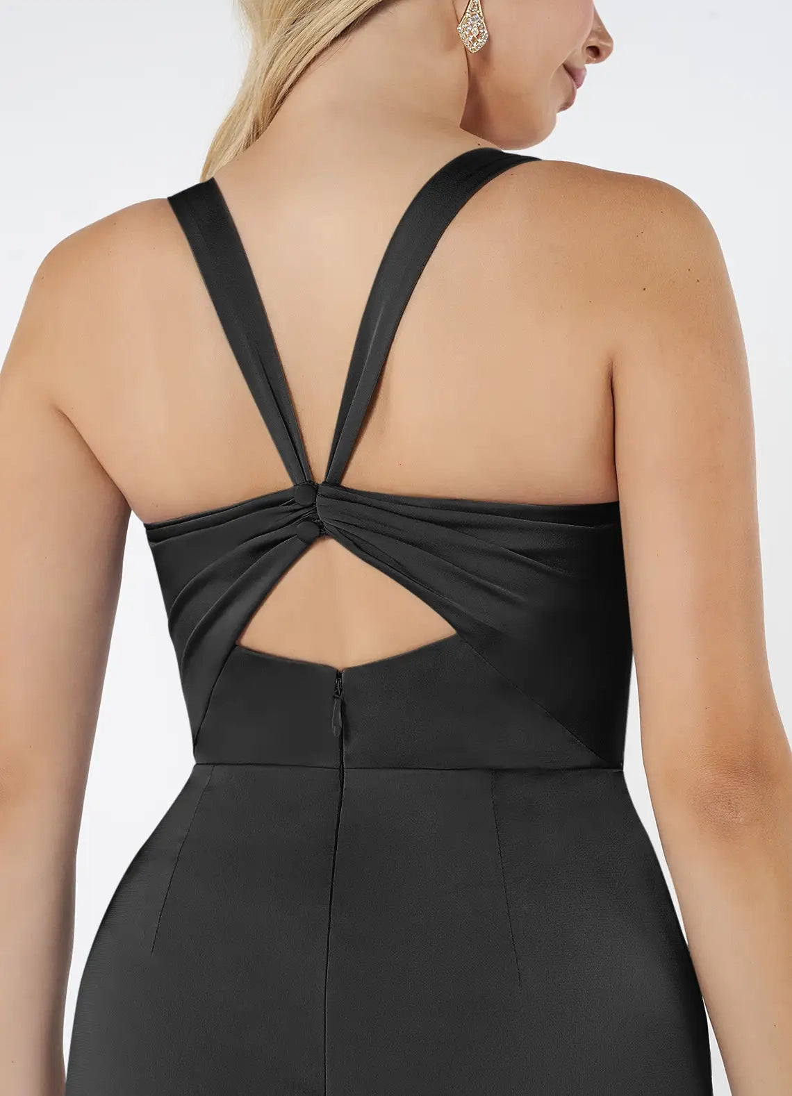 Black Satin Square Neck Maxi Dress with Back Twist and Side Slit Black Sheath Pleated Stretch Satin Dress  Bridesmaid Dresses