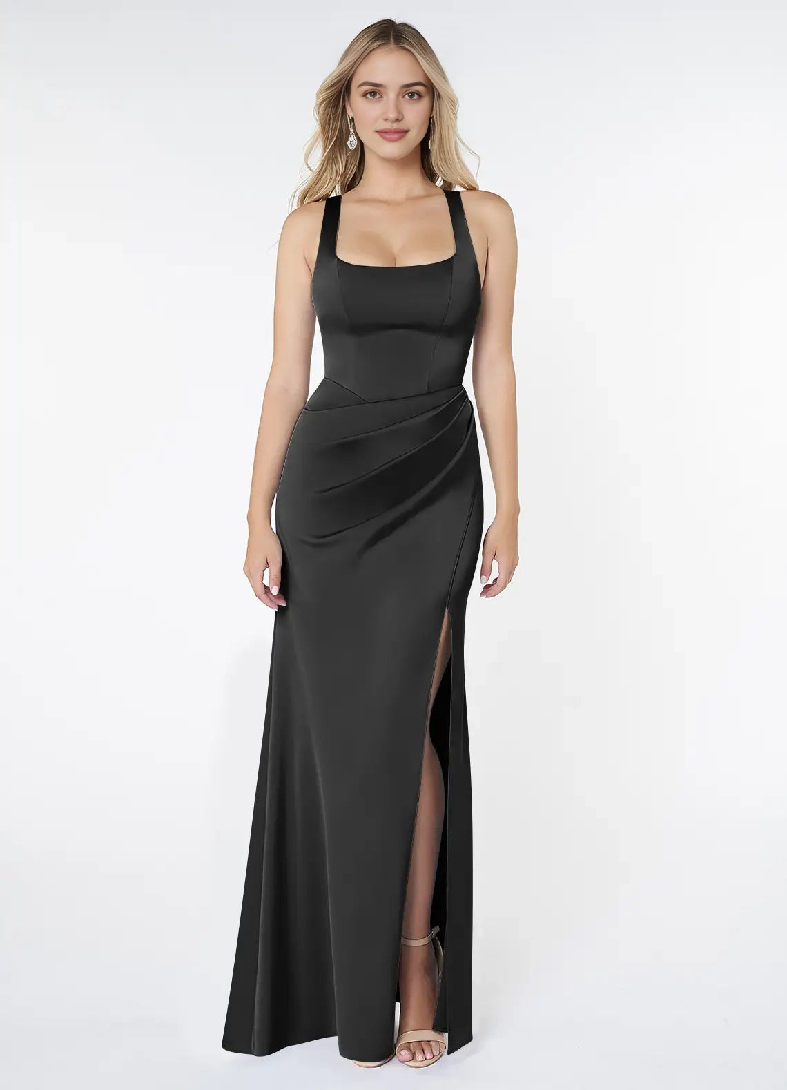 Black Satin Square Neck Maxi Dress with Back Twist and Side Slit Black Sheath Pleated Stretch Satin Dress  Bridesmaid Dresses
