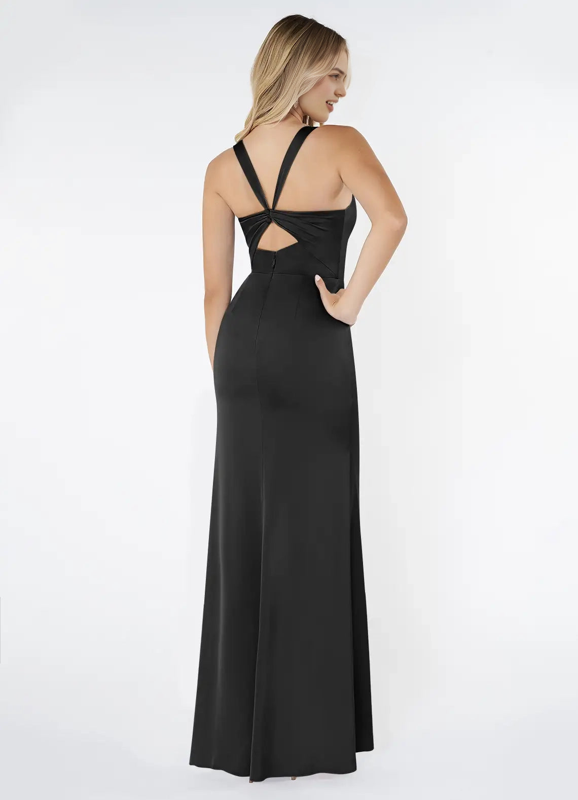 Black Satin Square Neck Maxi Dress with Back Twist and Side Slit Black Sheath Pleated Stretch Satin Dress  Bridesmaid Dresses