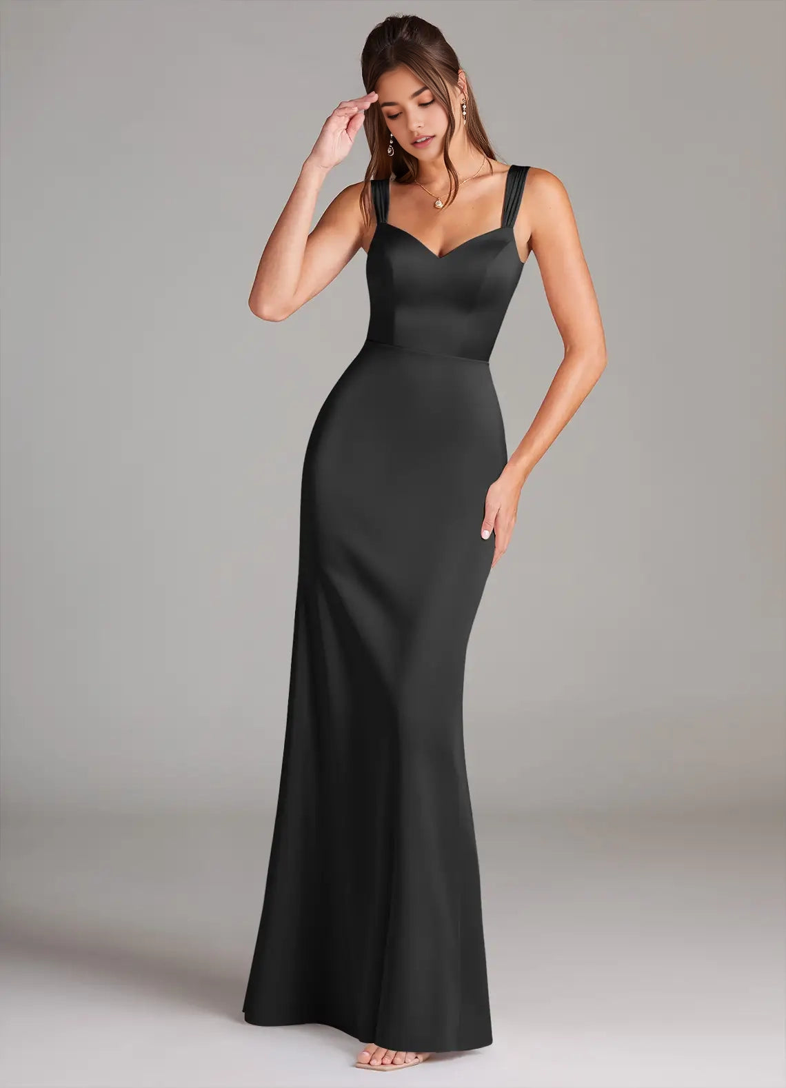 Black Satin Sweetheart Neck Maxi Dress with Wide Straps Black Sheath Pleated Stretch Satin Dress Bridesmaid Dresses