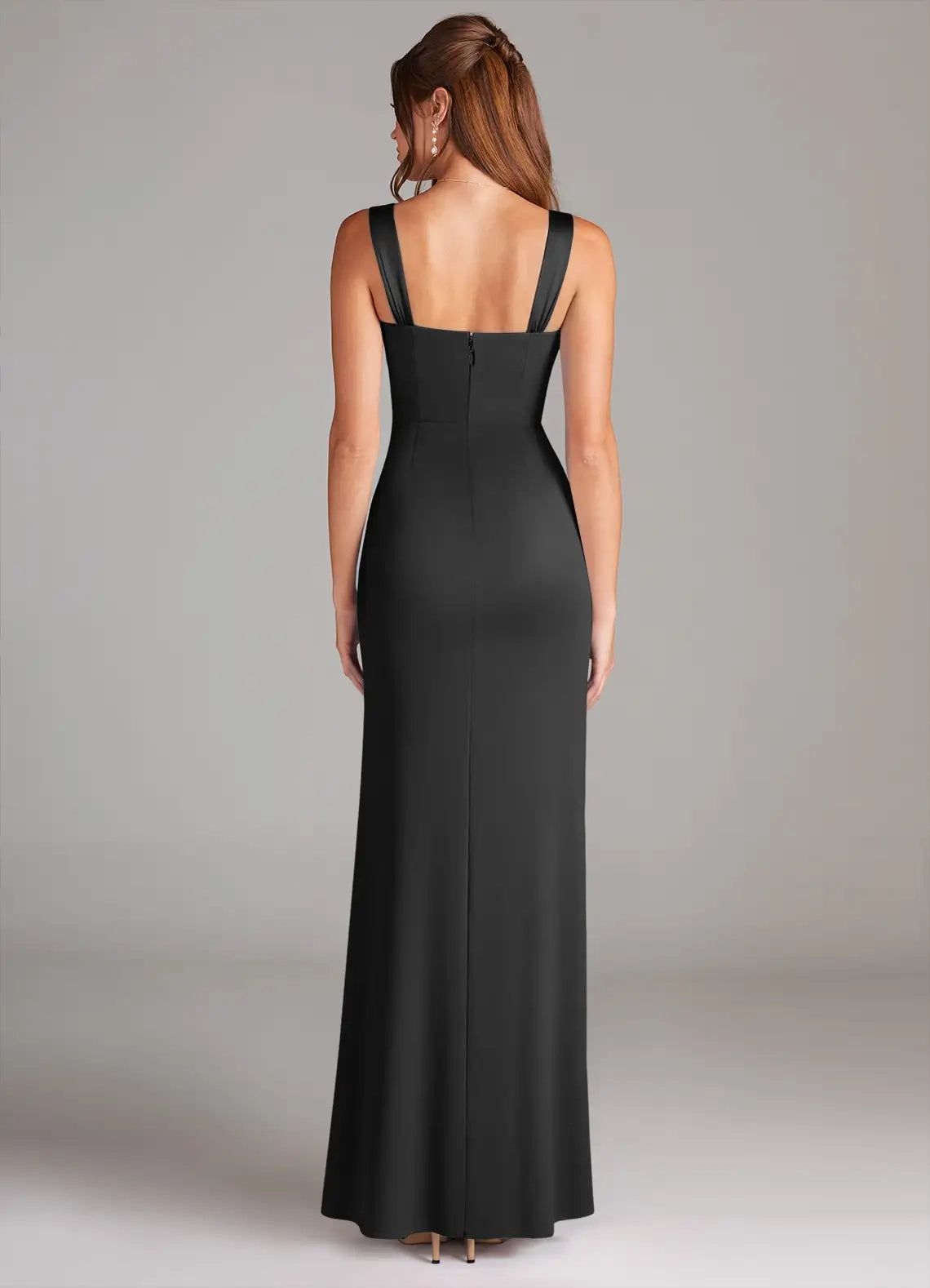 Black Satin Sweetheart Neck Maxi Dress with Wide Straps Black Sheath Pleated Stretch Satin Dress Bridesmaid Dresses