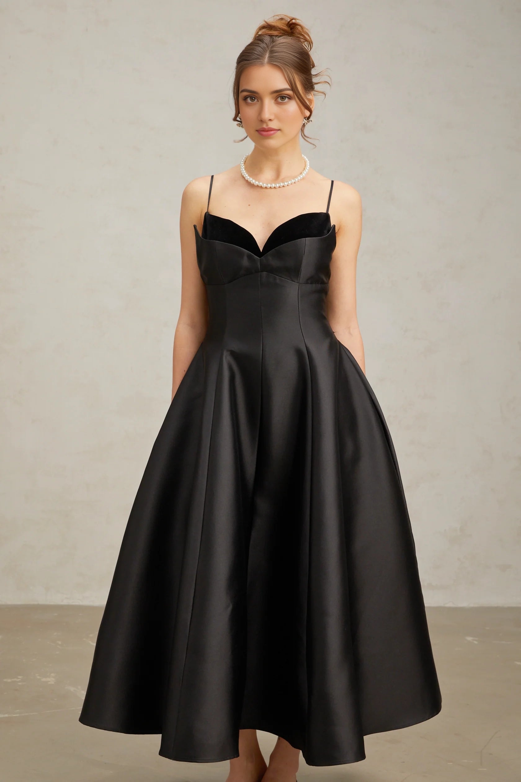 Black Satin Sweetheart Neckline Midi Dress black pleated flared midi dress Evening Dress