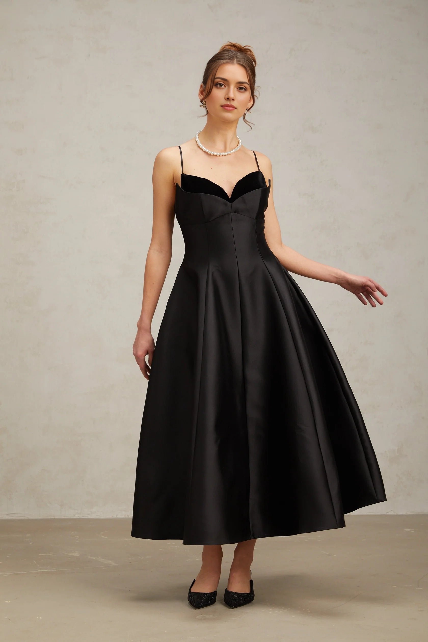 Black Satin Sweetheart Neckline Midi Dress black pleated flared midi dress Evening Dress