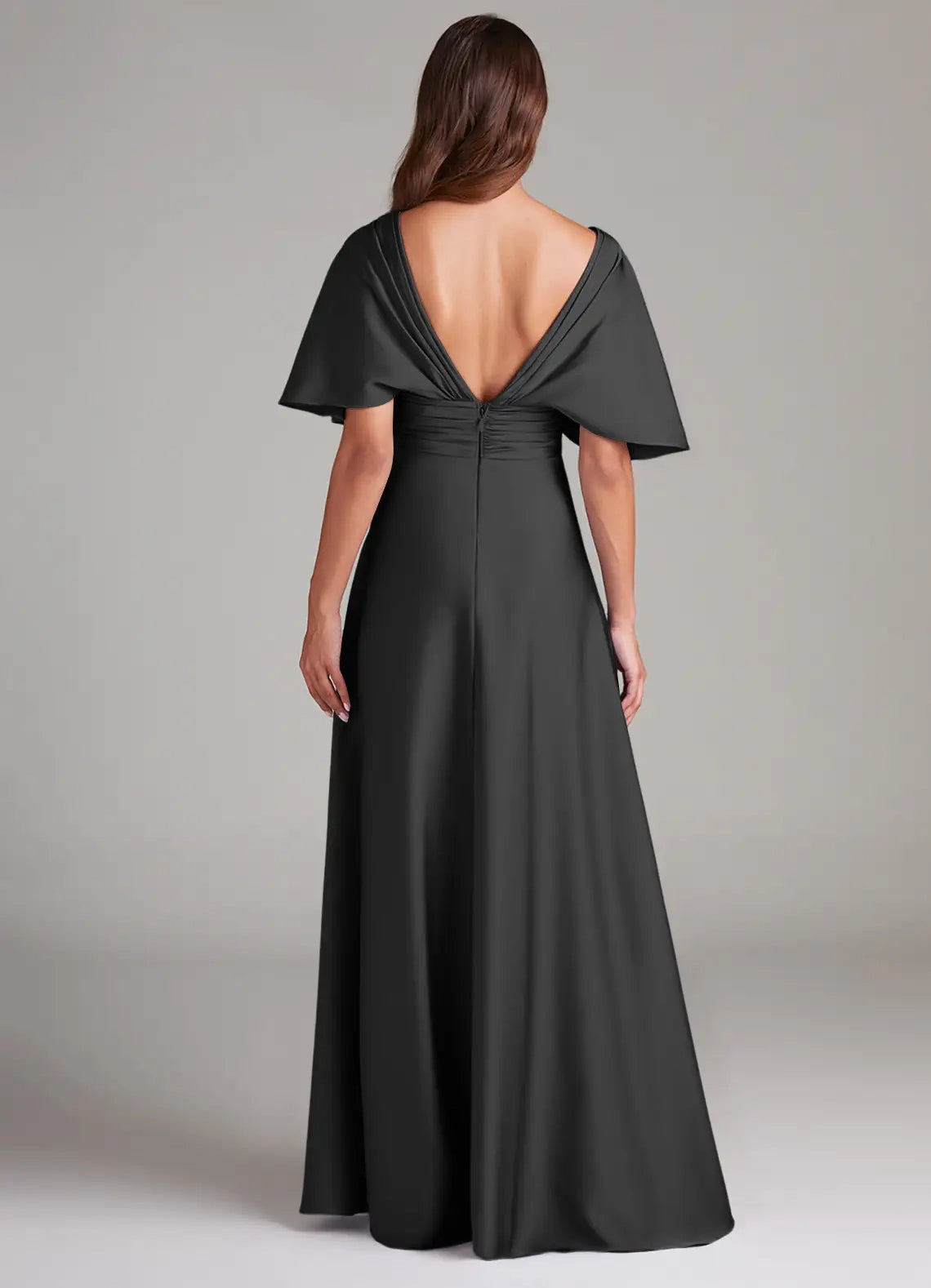 Black Satin V-Neck Maxi Dress with Flutter Sleeves A-Line Pleated Stretch Satin Dress Bridesmaid Dresses
